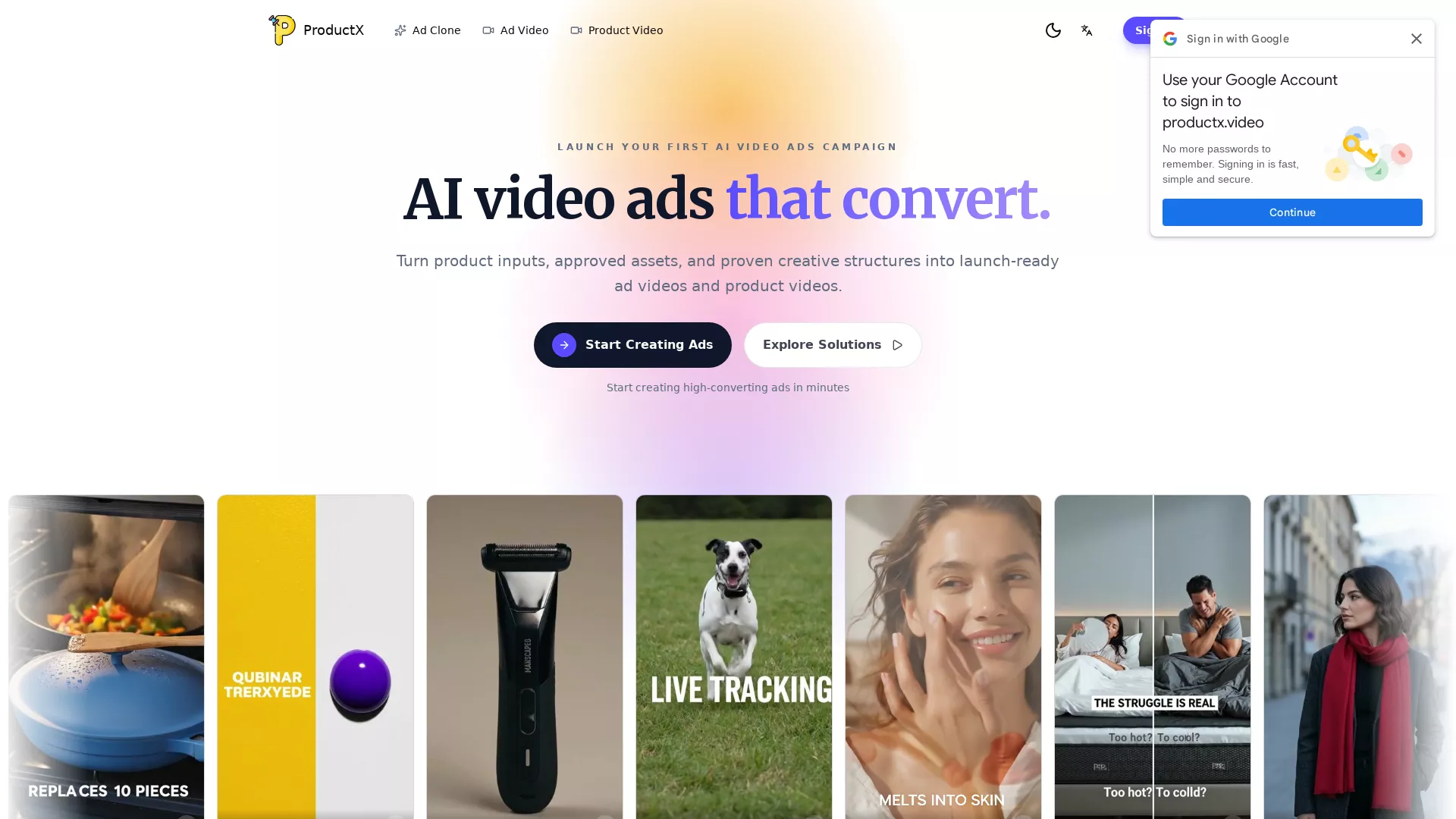 ProductX - AI Video Creation Tool Website Screenshot