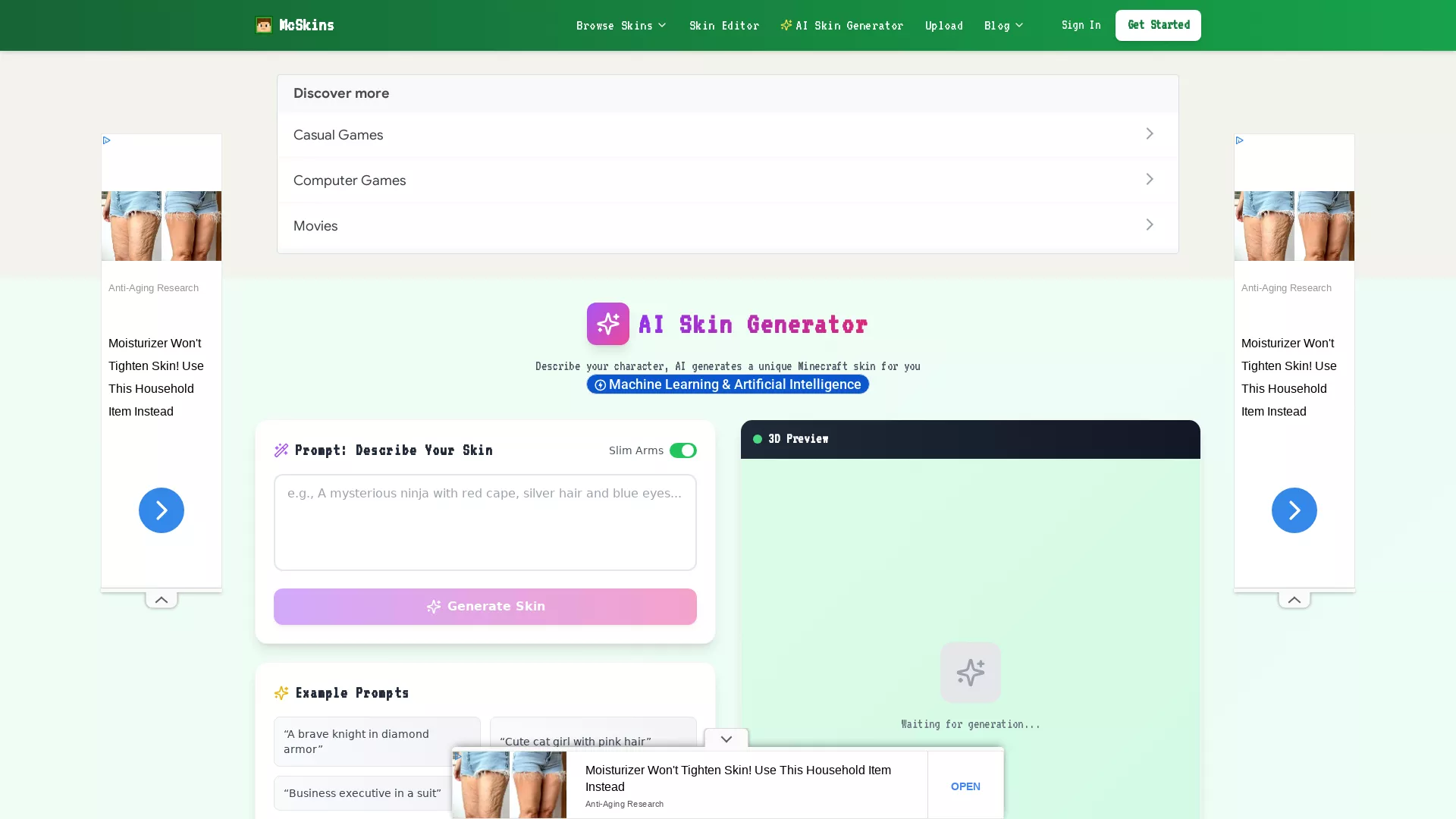 AI Minecraft SkinGenerator - AI Minecraft Skin Generator Website Screenshot