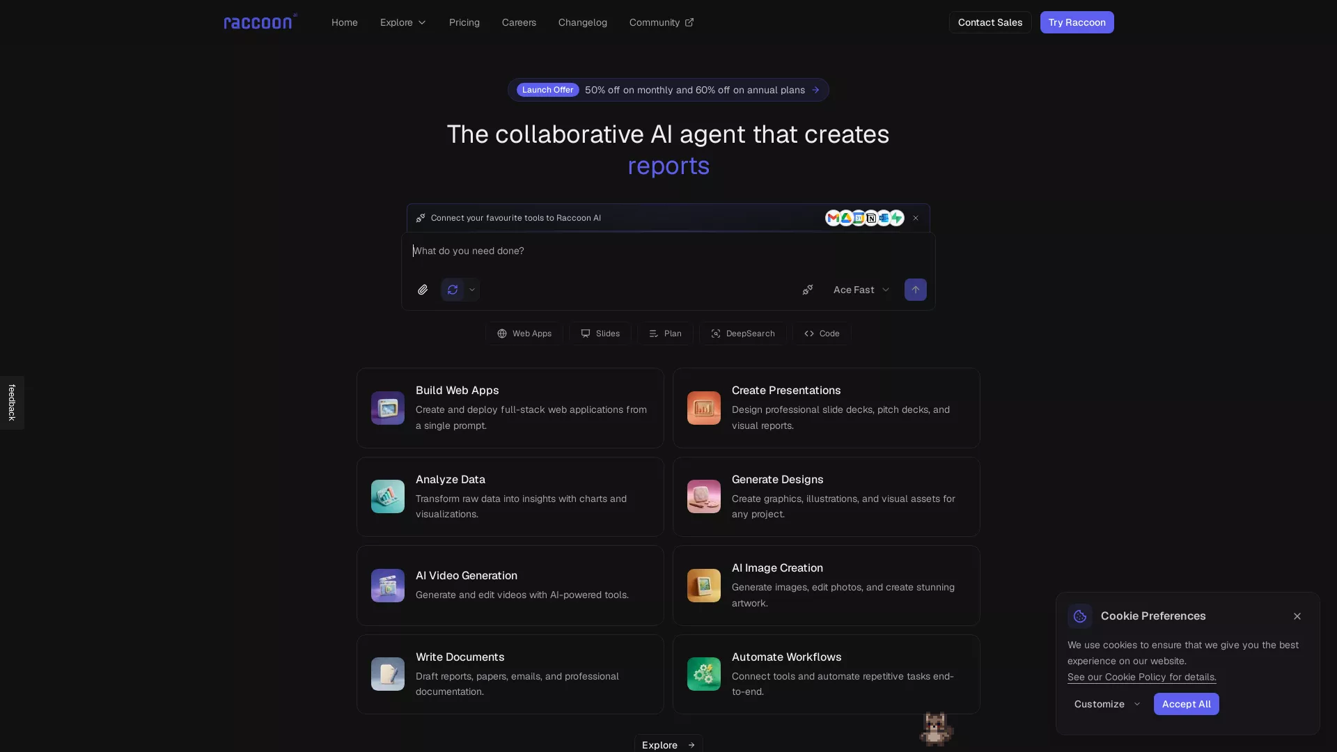 Raccoon AI - AI Agent, AI Web App Builder, AI Data Analyst, AI Image Generator, AI Research Assistant, AI Slides Maker, AI Video Generator Website Screenshot