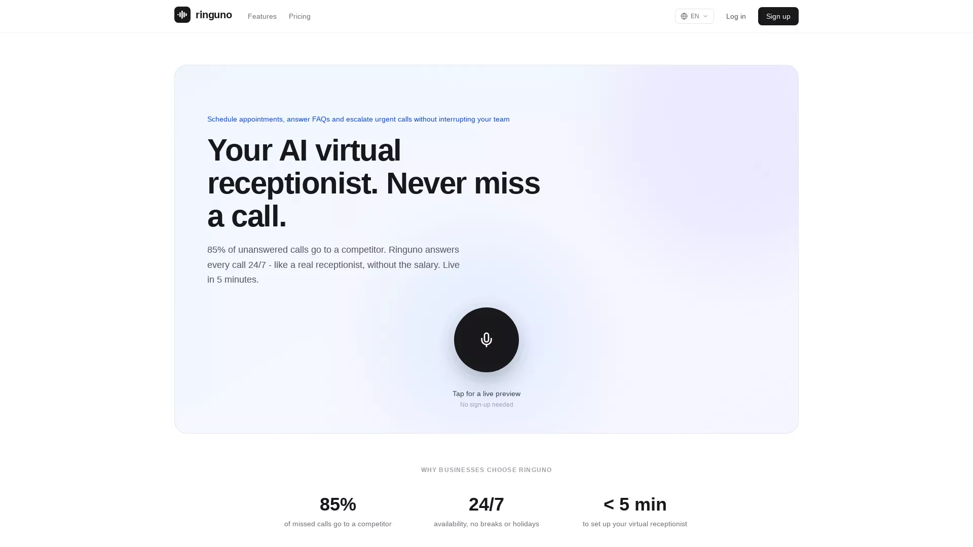 Ringuno - AI Phone Receptionist Website Screenshot