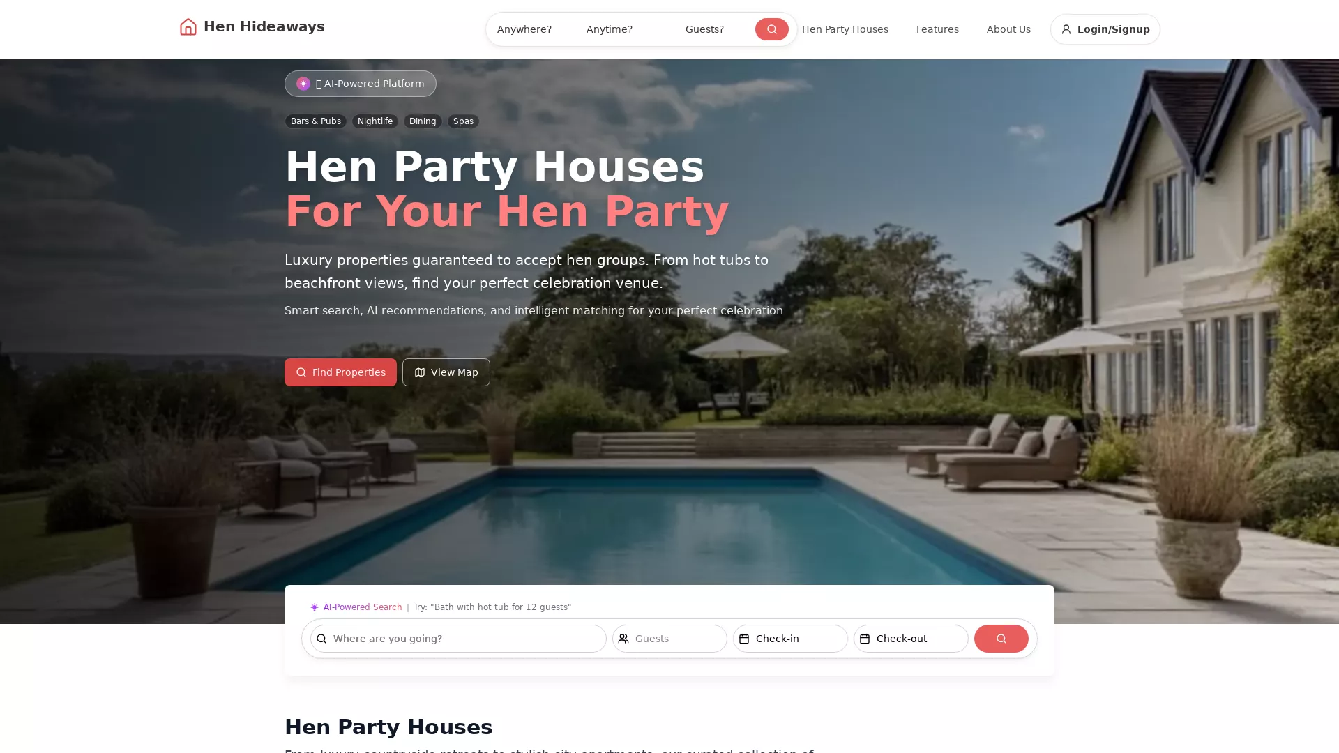 Hen Hideaways - Find hen party houses with AI matching Website Screenshot