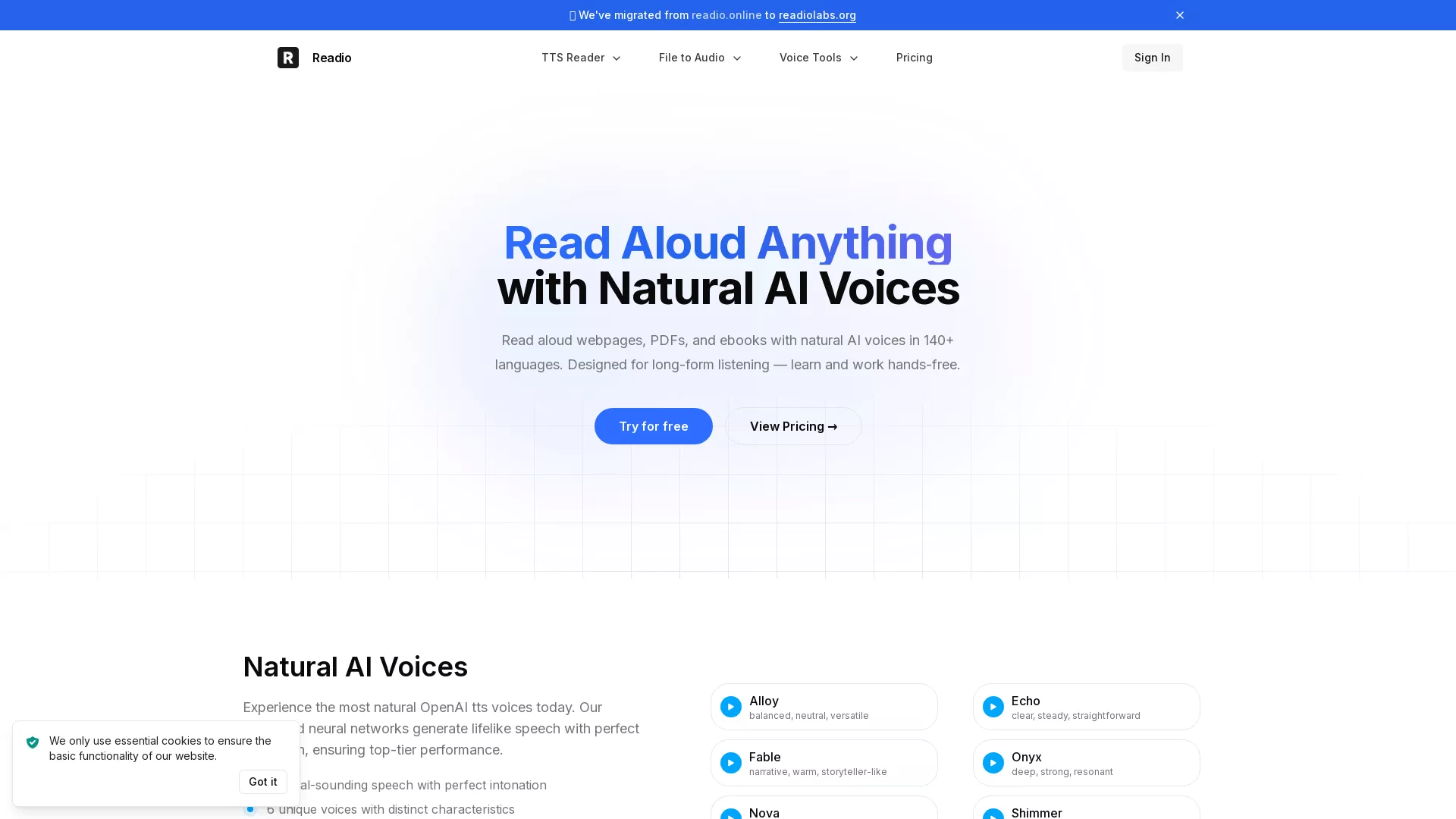 Readio - AI Text To Speech Website Screenshot