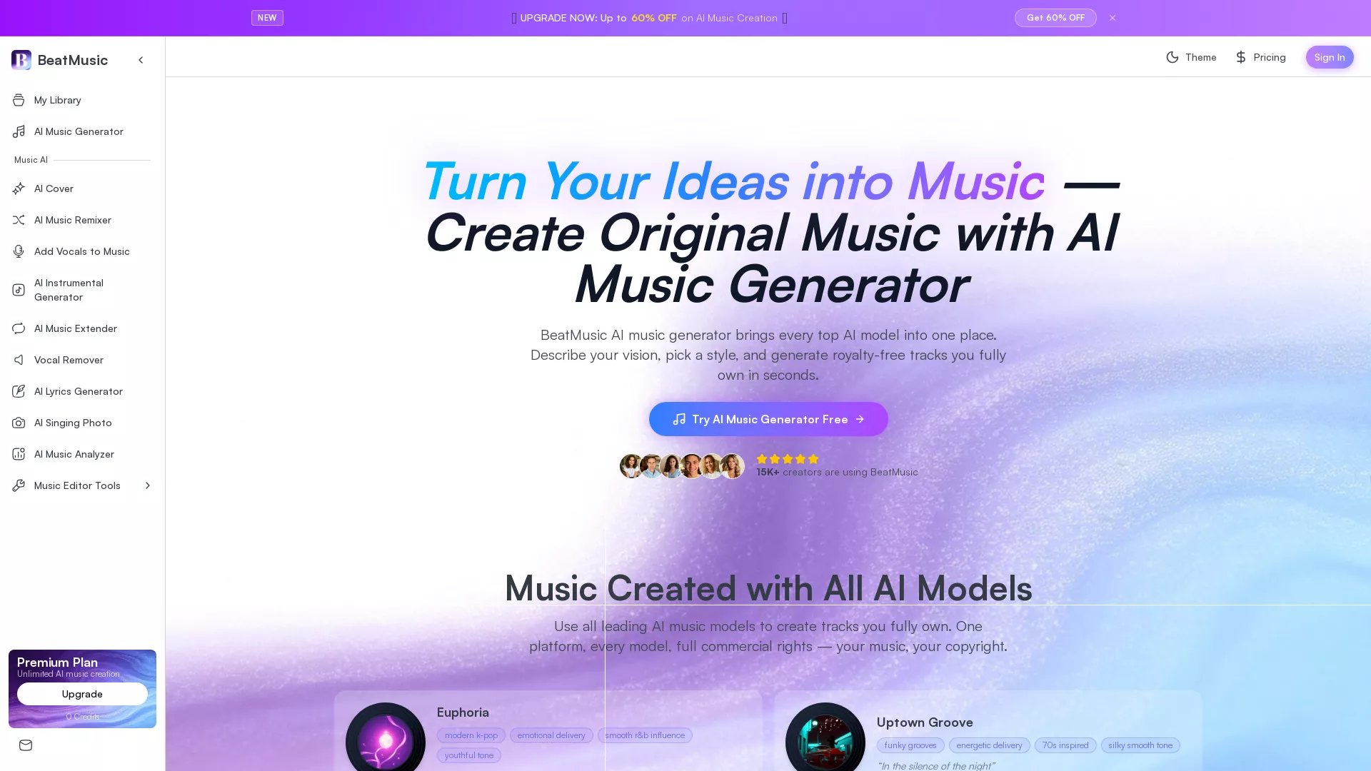 BeatMusic - AI Cover: Transform any song into a fresh cover with 100+ vocal styles and genres Website Screenshot