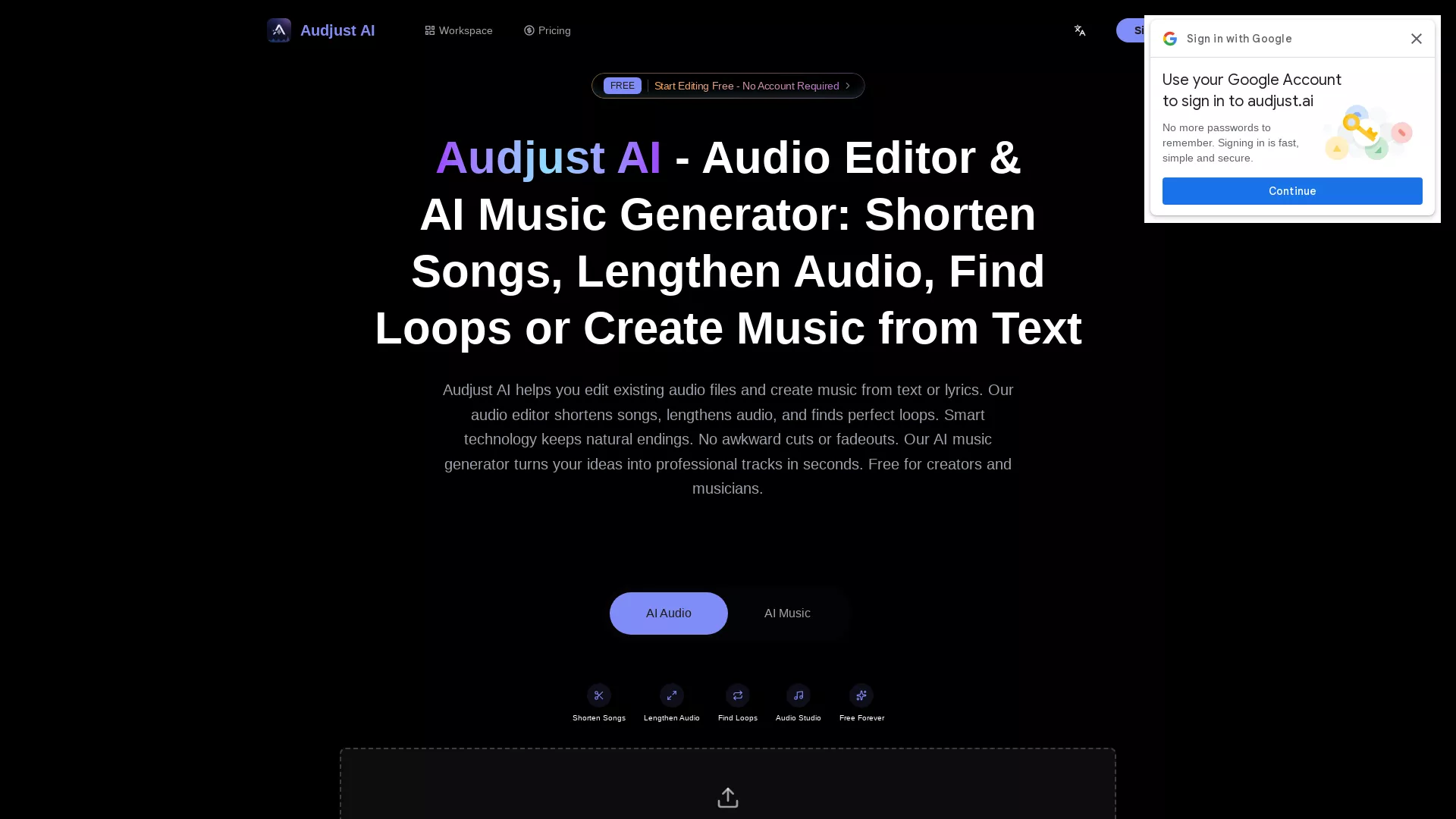 AudjustAI - AI Music Generation Software Website Screenshot