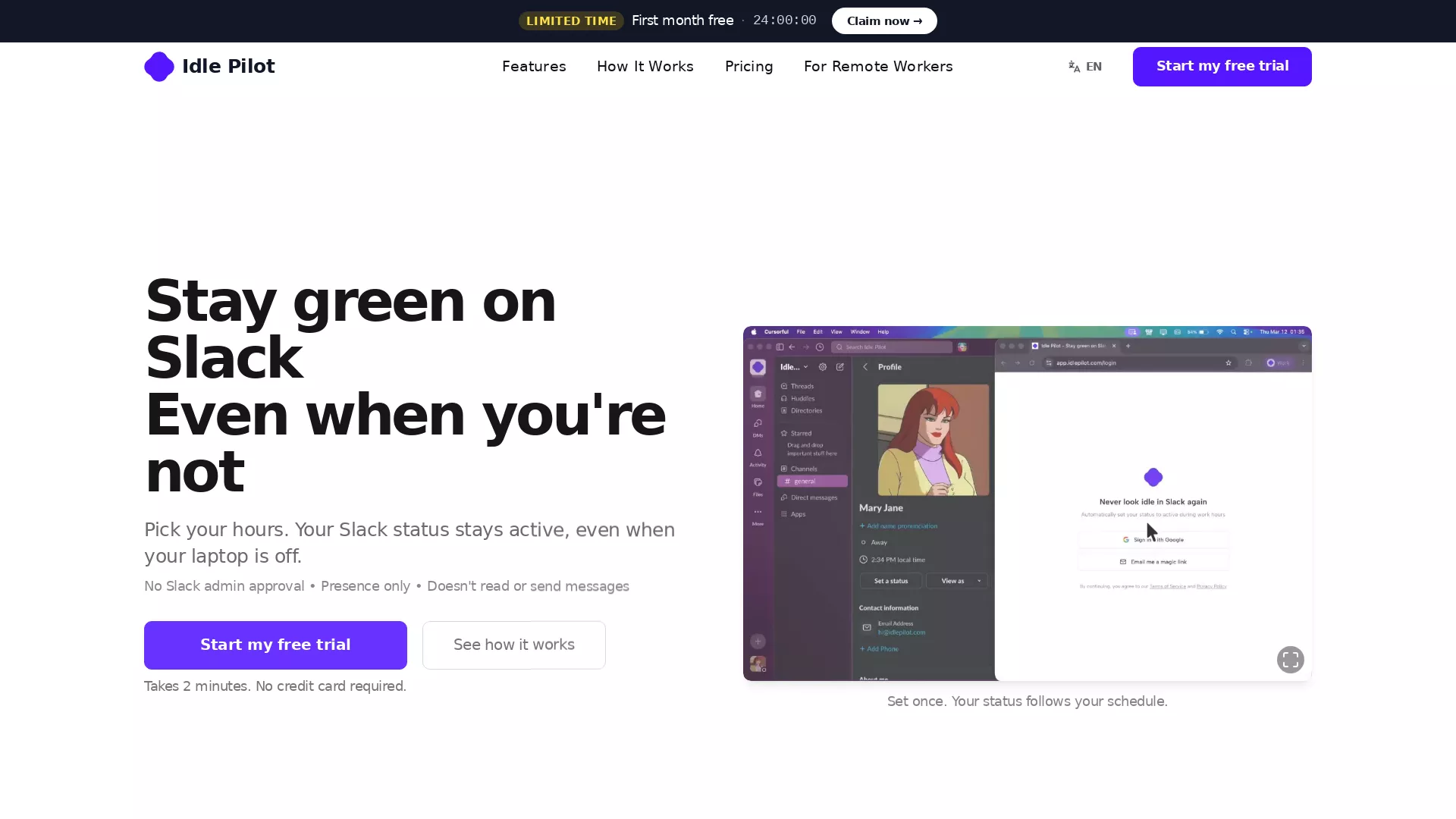 Idle Pilot - Cloud-based Slack presence scheduler Website Screenshot