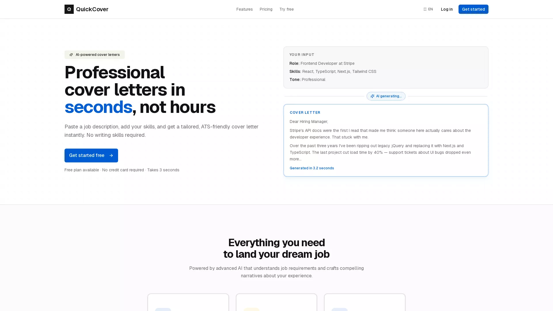 QuickCover - AI Cover Letter Generator Website Screenshot
