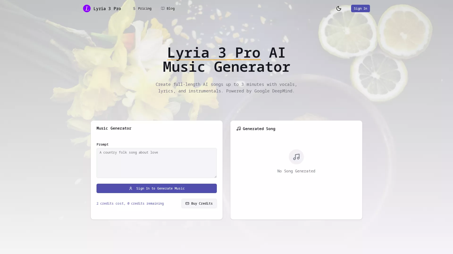 Lyria3Pro - AI Music Generator Website Screenshot