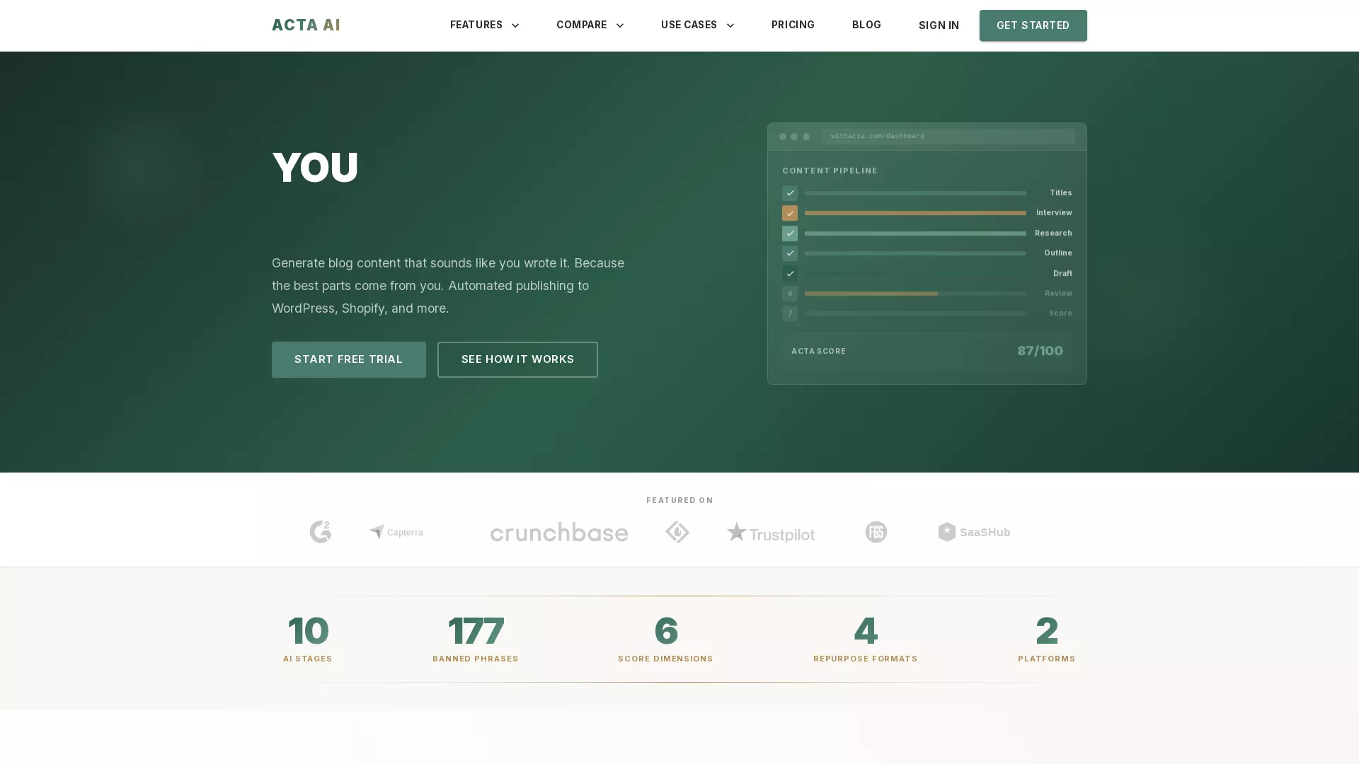 Acta AI - AI Blog Writing Tool Website Screenshot