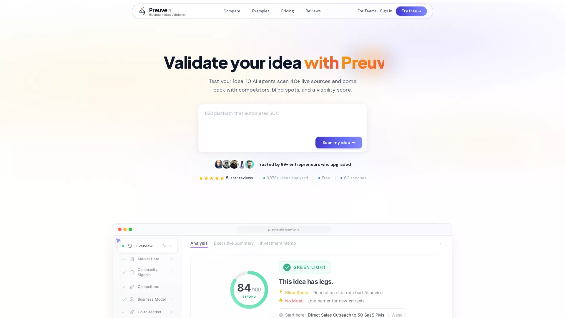 PreuveAI - Idea Validation AI Website Screenshot