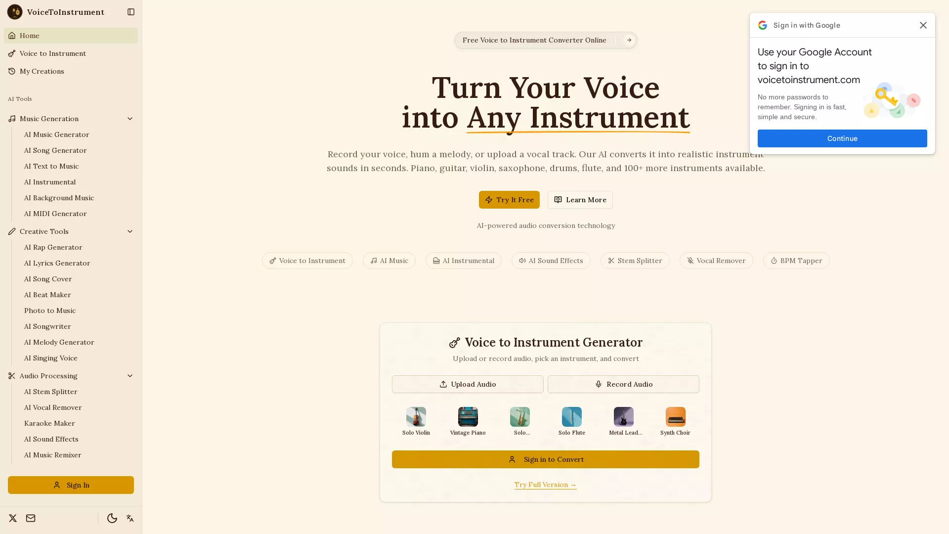 VoiceToInstrument - AI Music Transformation Website Screenshot