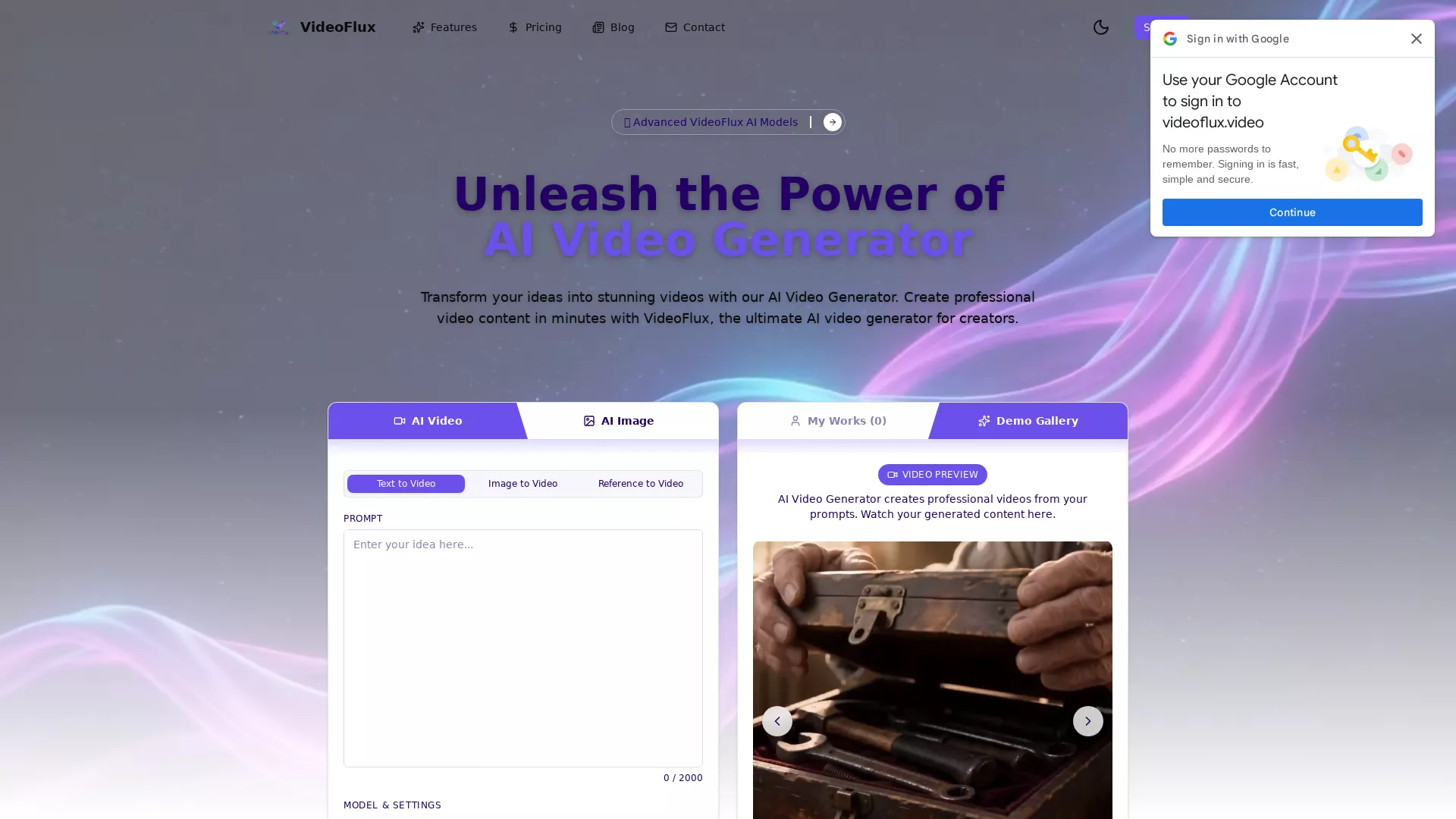VideoFlux - AI Text To Video Generator Website Screenshot