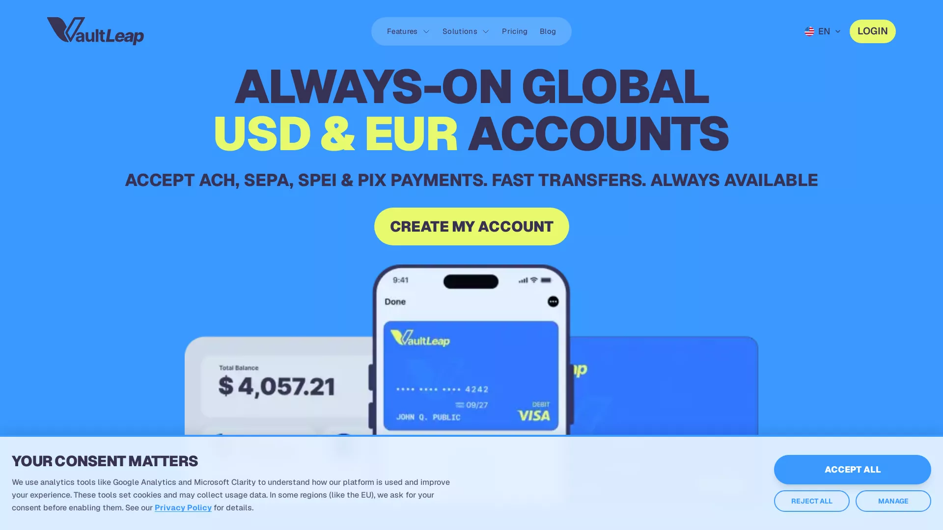 VaultLeap - Cross-Border Payments Platform Website Screenshot