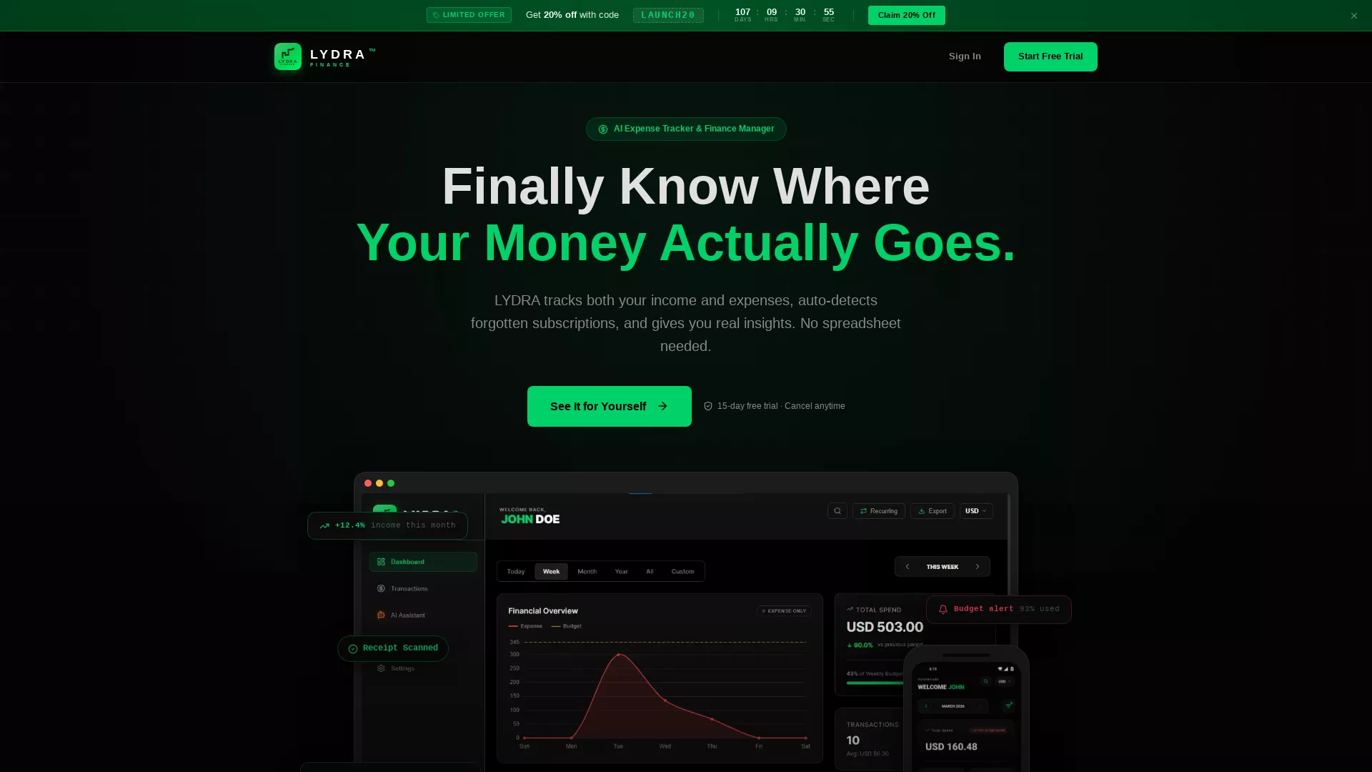 LydraFinance - AI Expense Tracker Website Screenshot