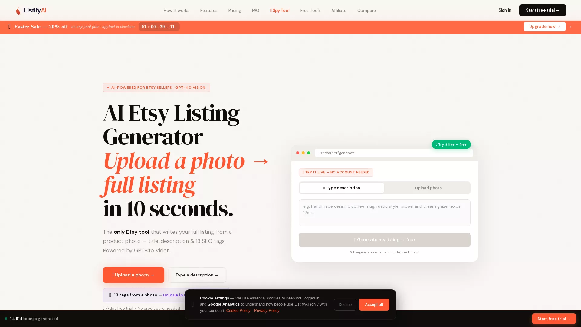 ListifyAi - AI Etsy Listing Generator Website Screenshot