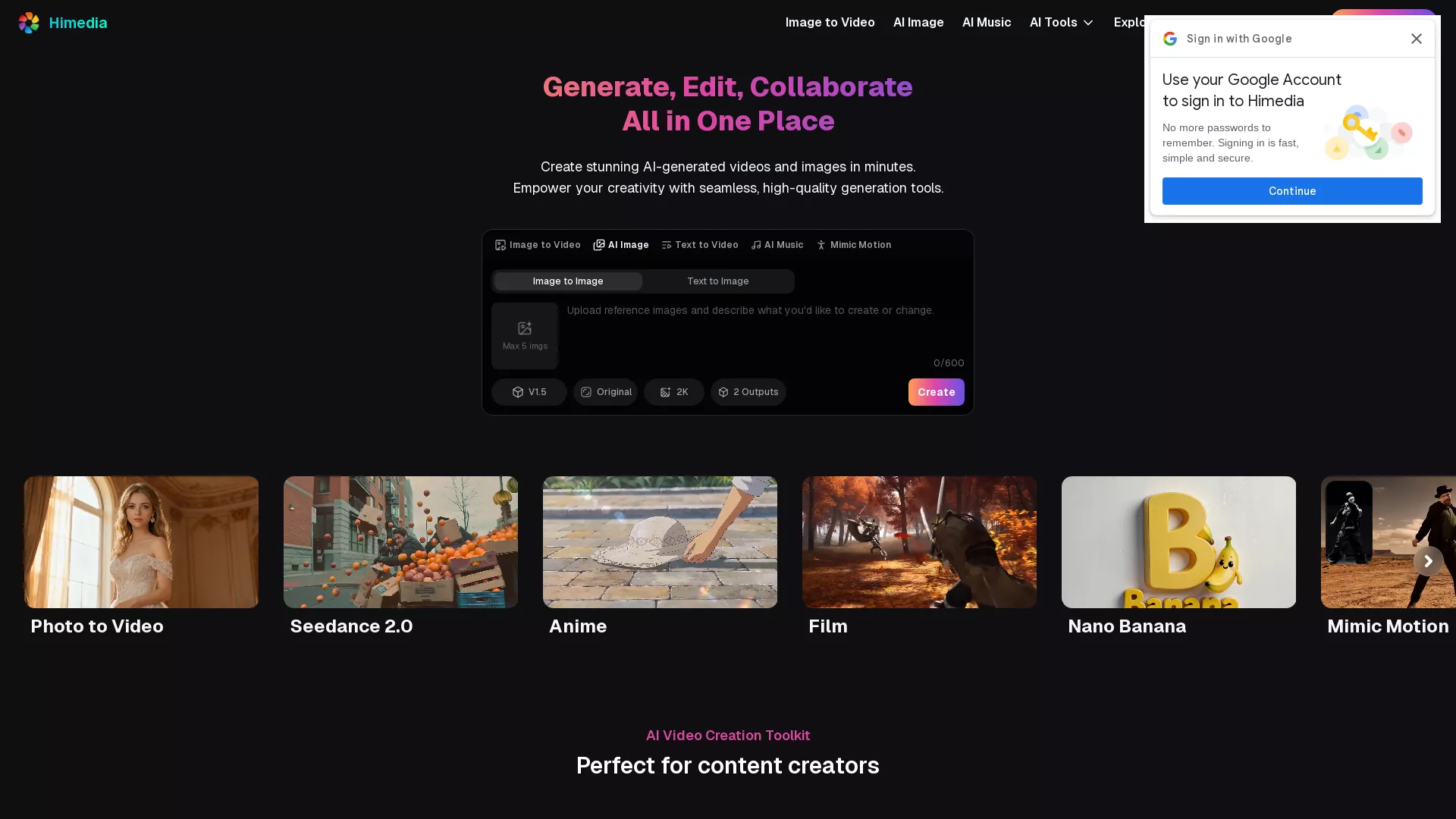 Himedia - AI Image Generator Website Screenshot