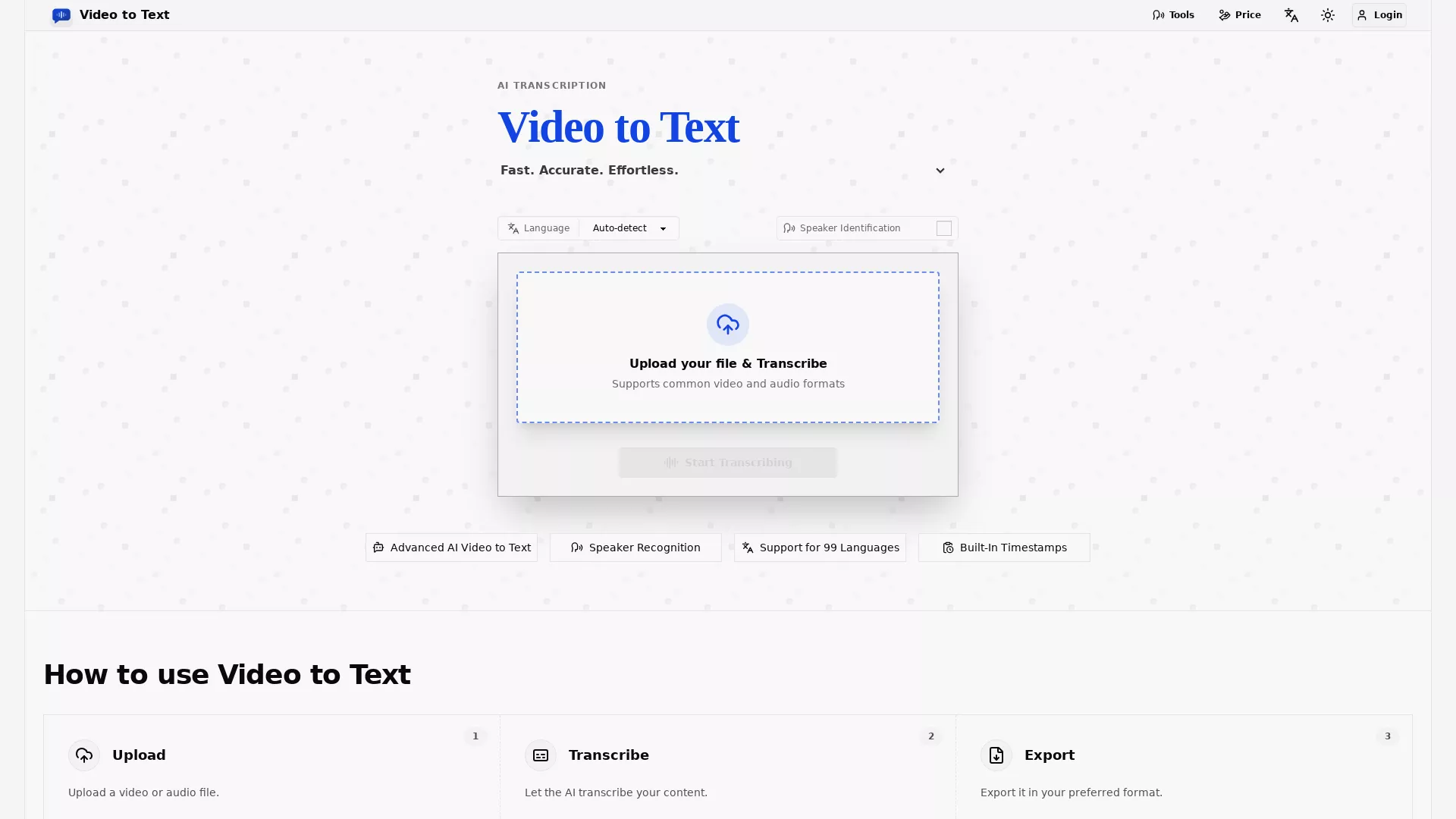 VideoToText - AI Speech Transcription Website Screenshot