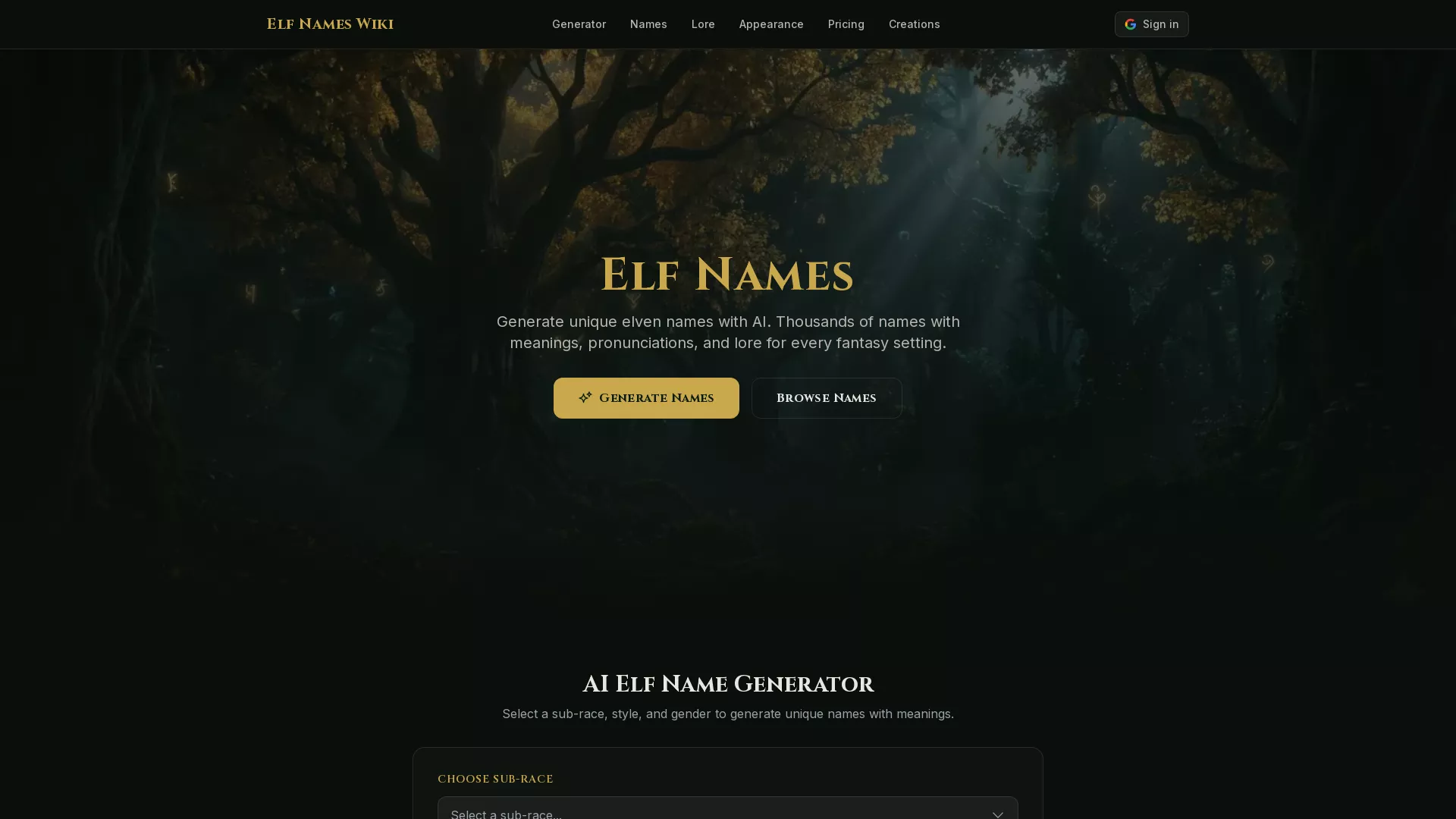 ElfNamesWiki - AI Elf Name Generator Website Screenshot