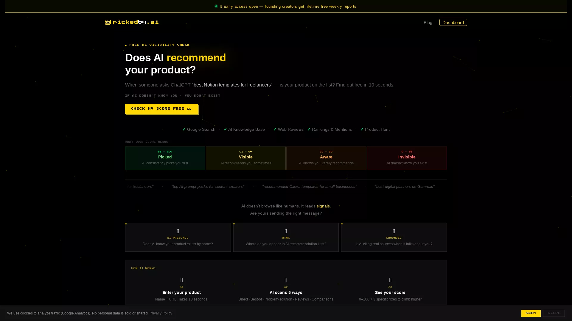 PickedByAI - AI Visibility Score Tool Website Screenshot