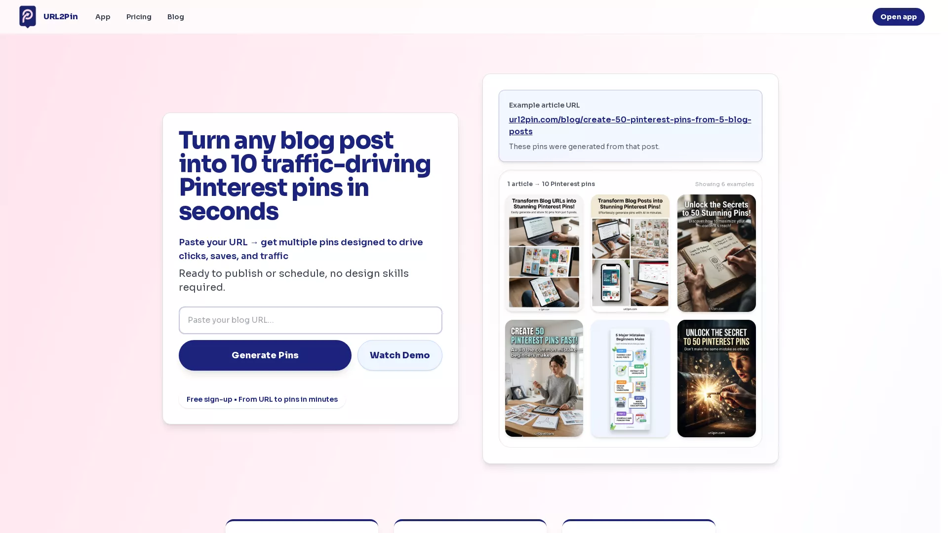URL2Pin - Pinterest Content Generator Website Screenshot