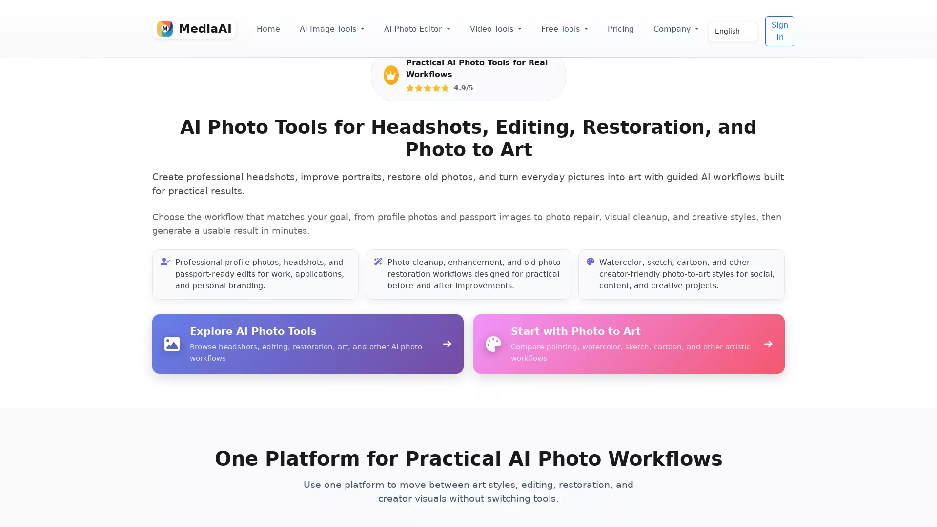 MediaAI - AI Photo Editing Tools Website Screenshot