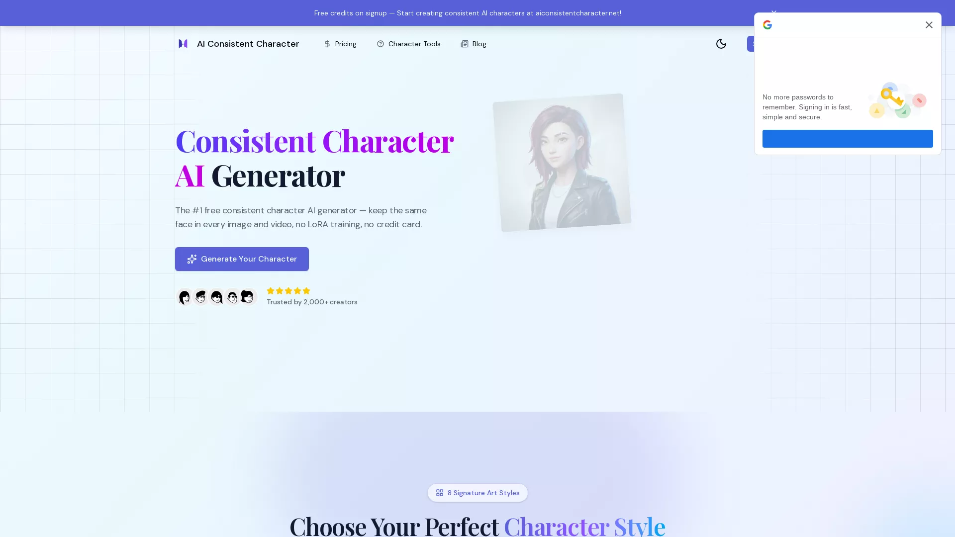 AIConsistentCharacter - AI Character Creation Website Screenshot