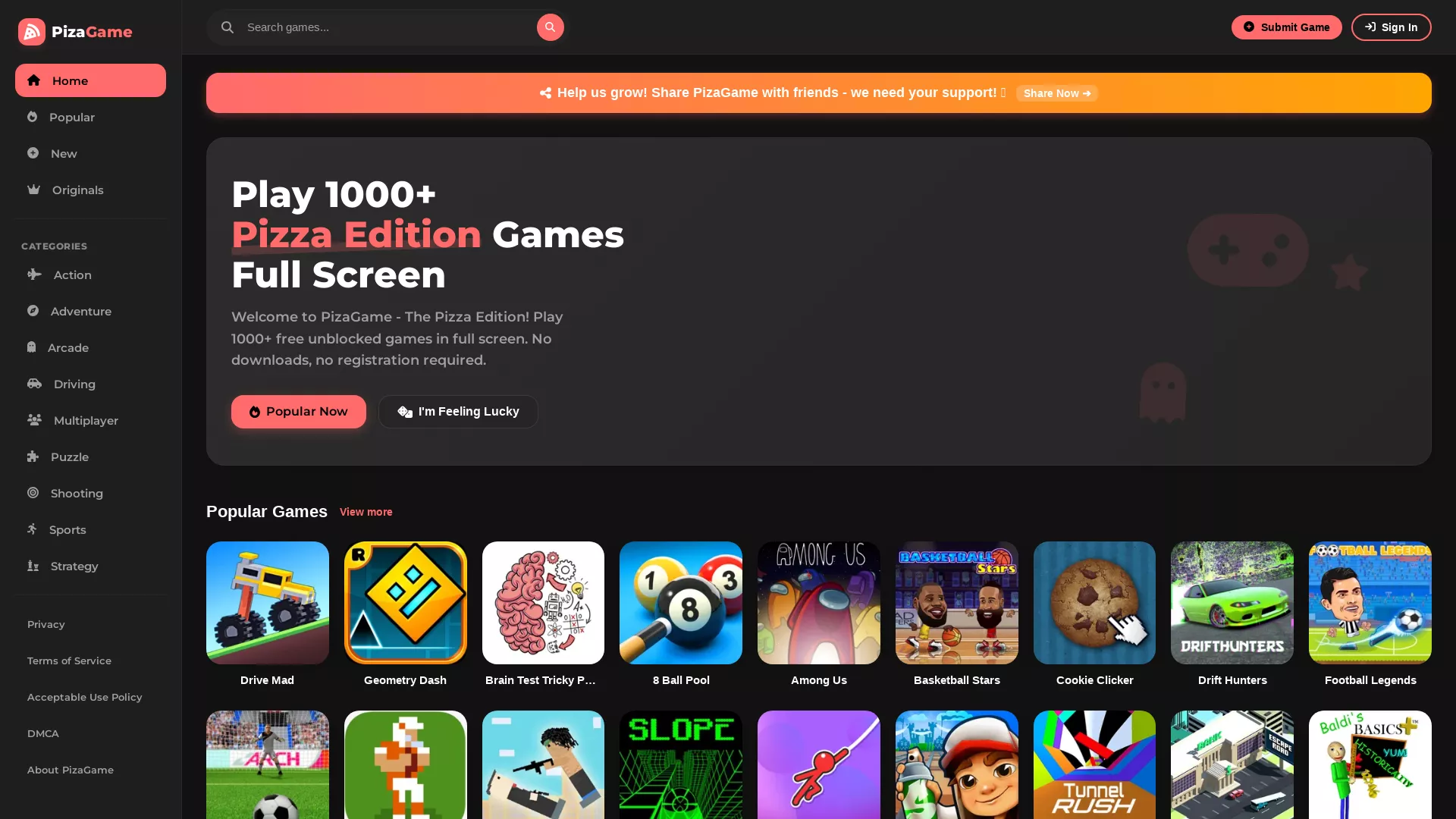 PizaGame - AI Gaming Platform Website Screenshot