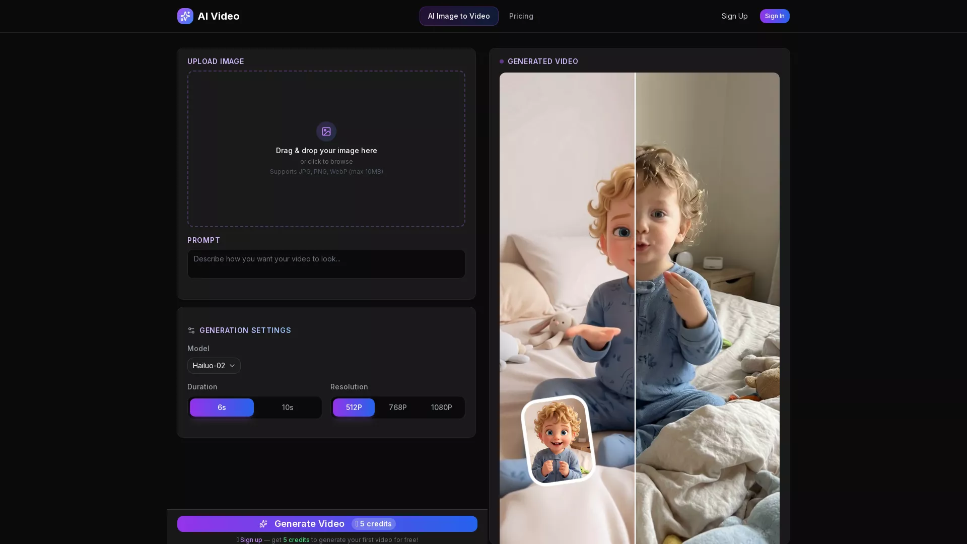AIImageToVideo - AI Video Generator Website Screenshot