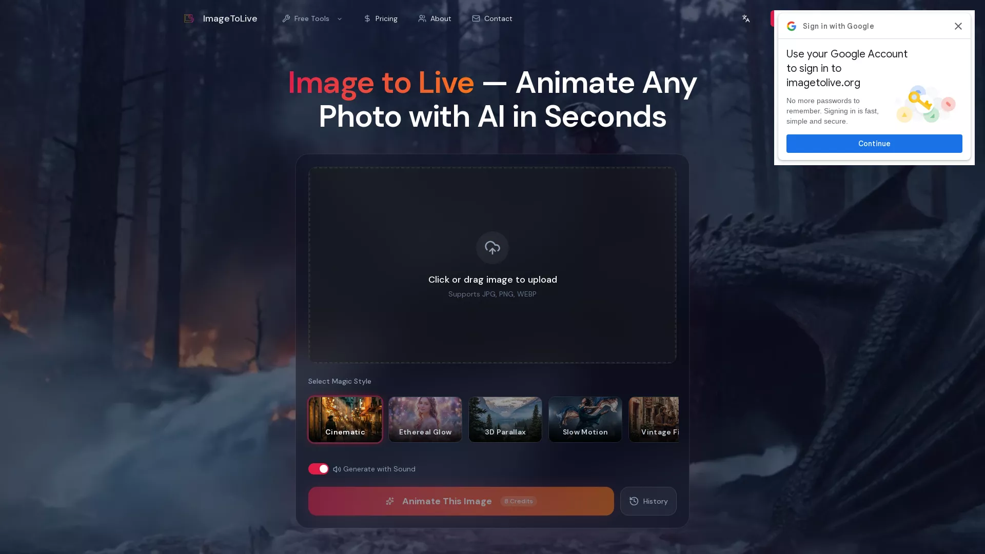 ImageToLive - AI Video Creation Tool Website Screenshot