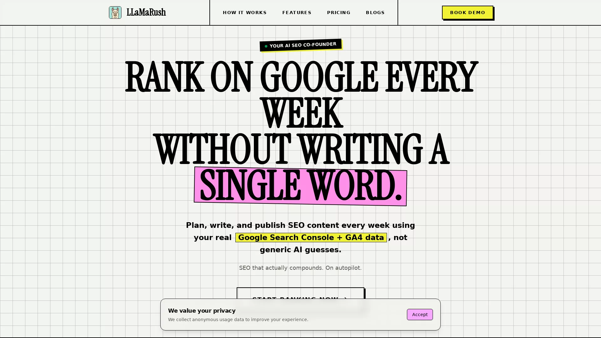 LLaMaRush - AI SEO Optimization Tool Website Screenshot