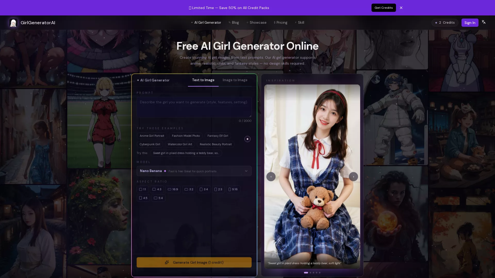 GirlGeneratorAI - AI Character Image Generator Website Screenshot