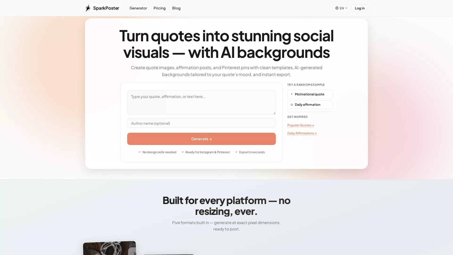SparkPoster - AI Quote Image Creator Website Screenshot