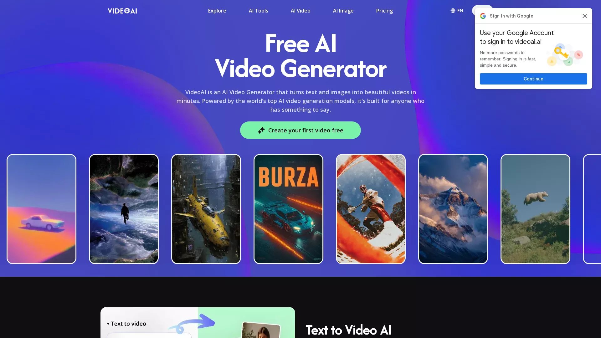 VideoAI - AI Video Generator Website Screenshot