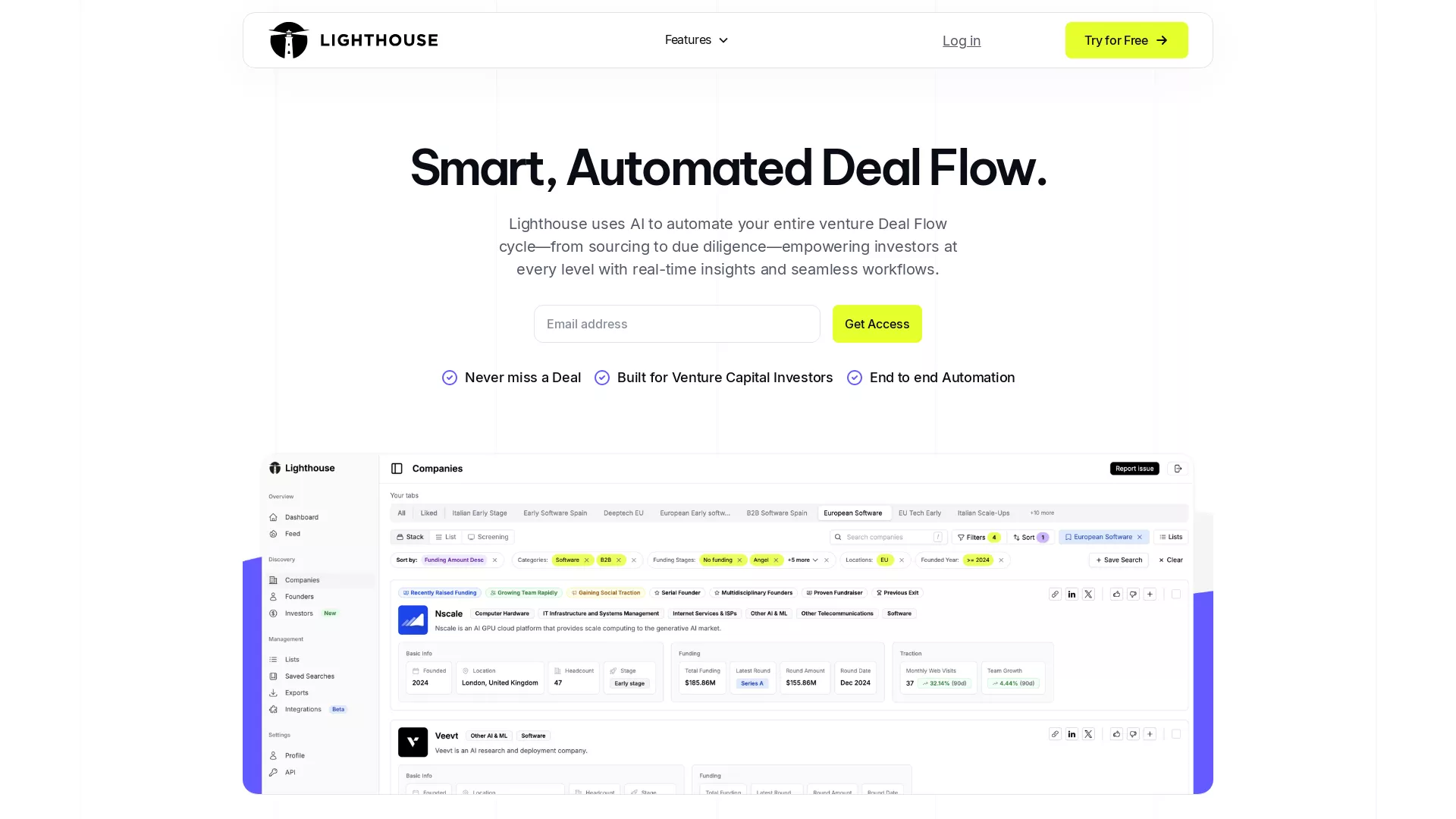 Lighthouse - AI CRM Tool for Venture Capital Website Screenshot