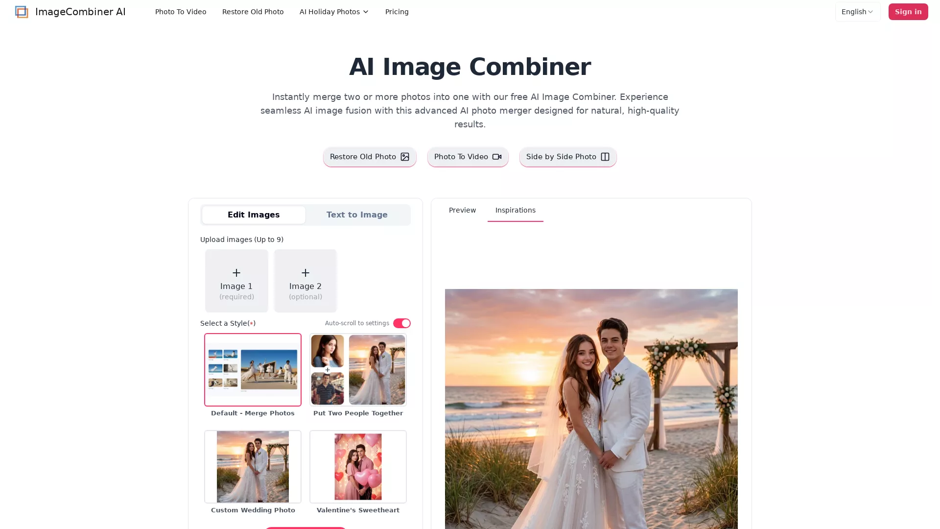 ImageCombinerAI - Photo Merging Tool Website Screenshot