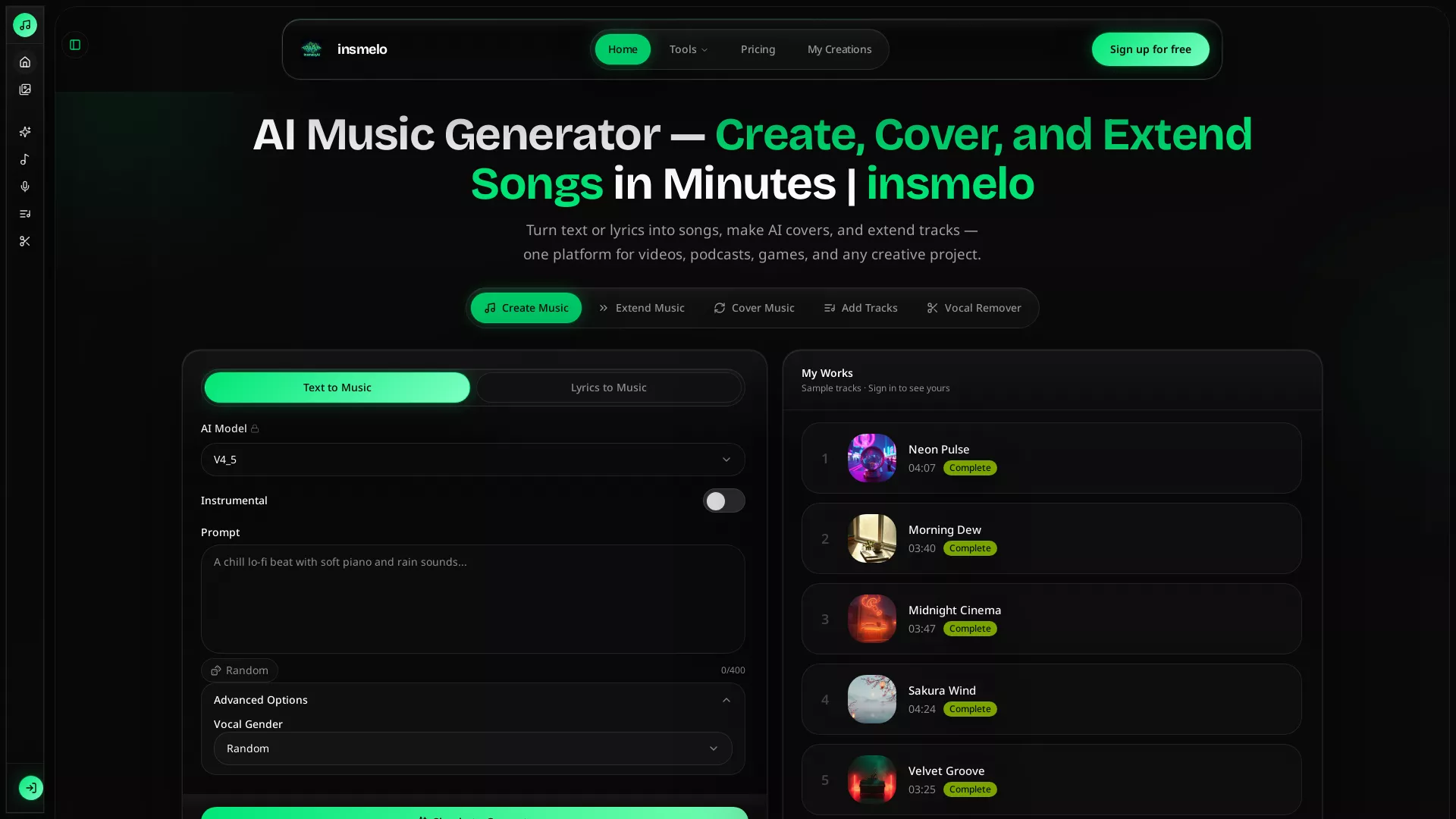 InsmeloAIMusicGenerator - AI Music Generation Website Screenshot