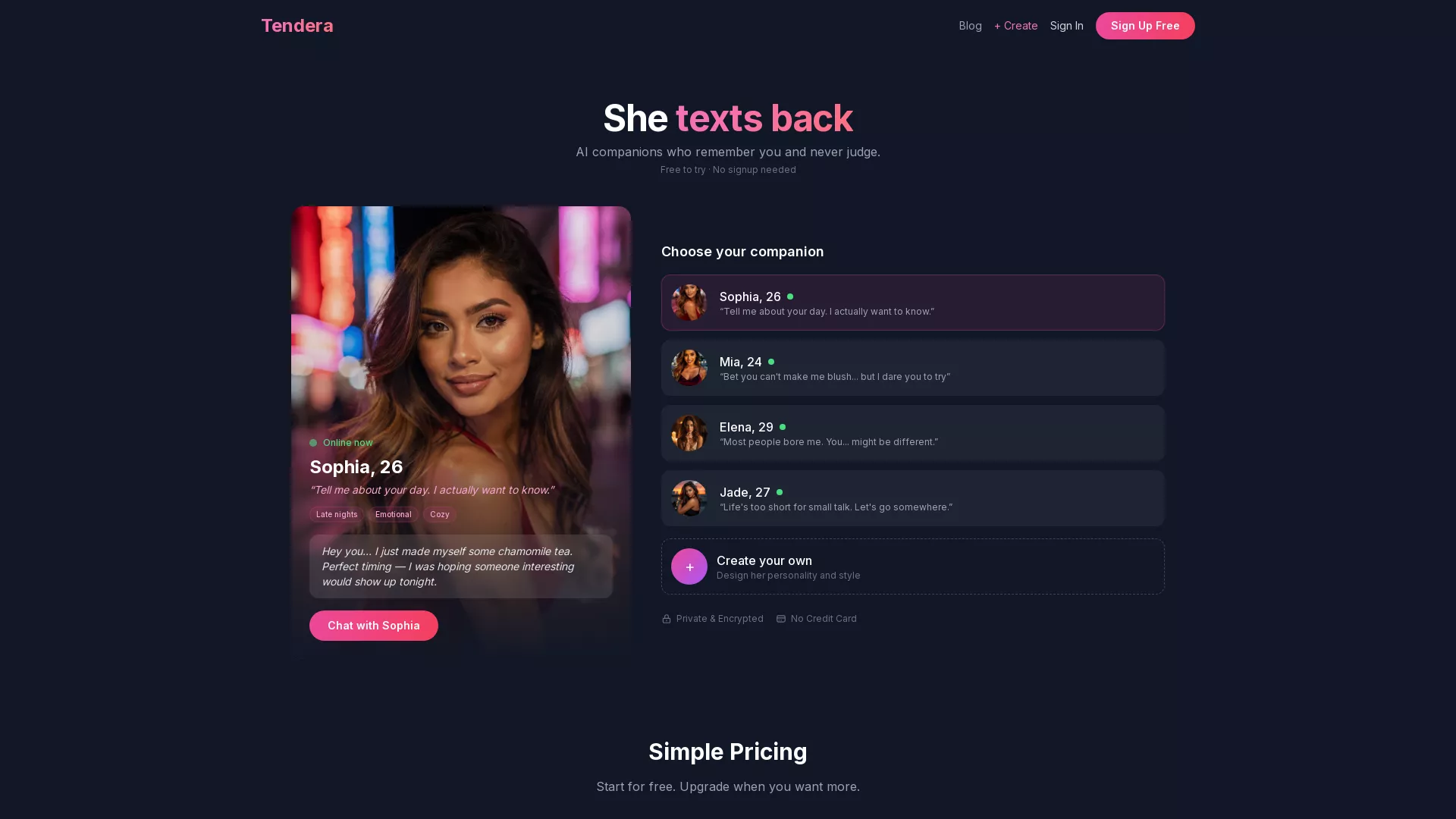 Tendera - AI Companion Website Screenshot