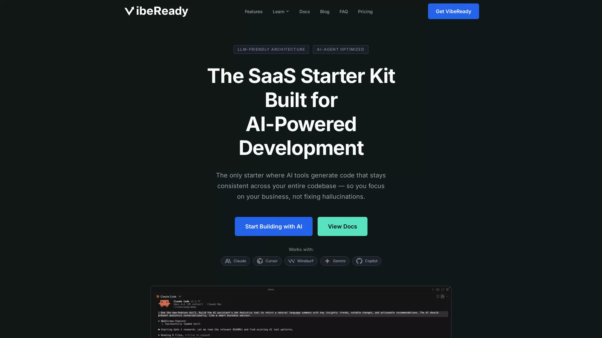 VibeReady - AI SaaS Boilerplate Website Screenshot