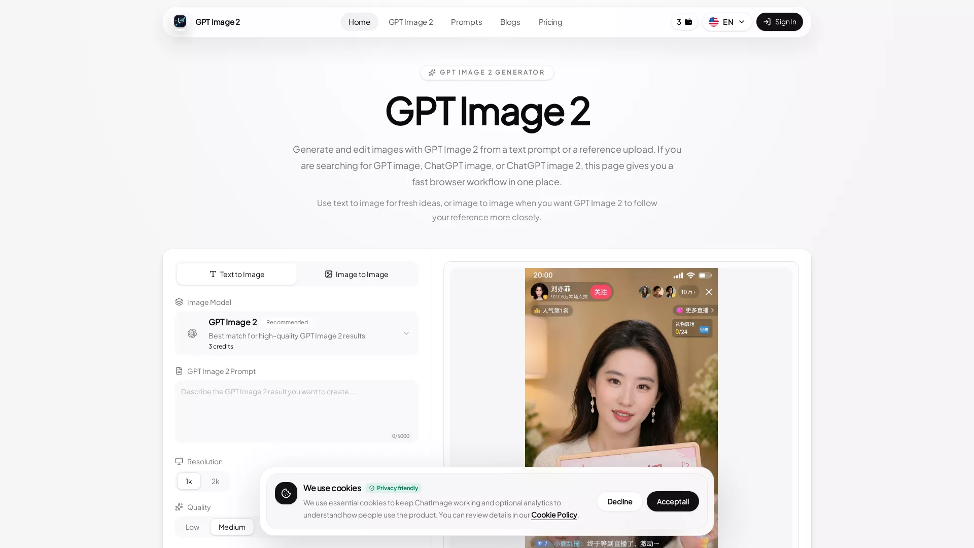 GPT Image 2 - AI Image Generator Website Screenshot