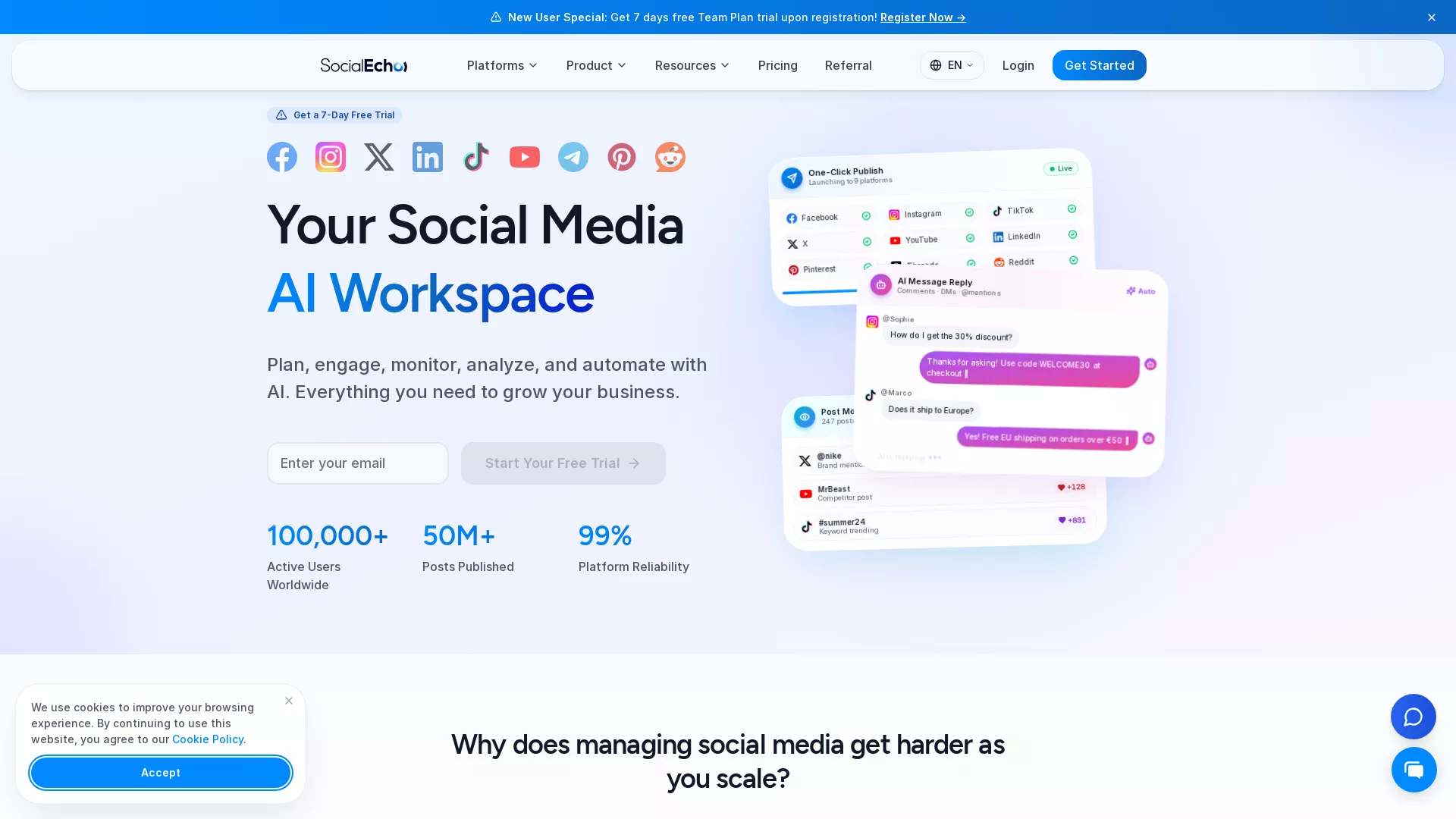 SocialEcho - Social Media Management Tool Website Screenshot
