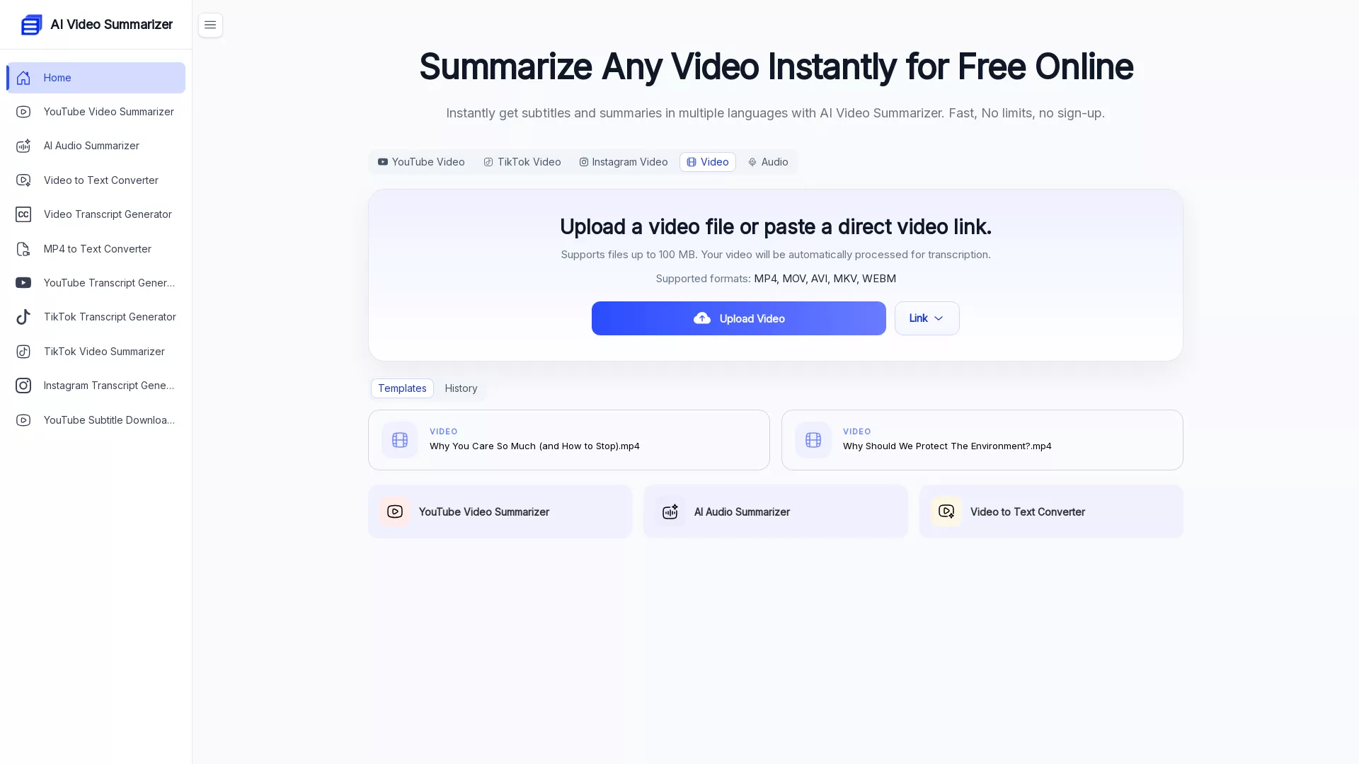 AIVideoSummarizer - Video Summarization Tool Website Screenshot
