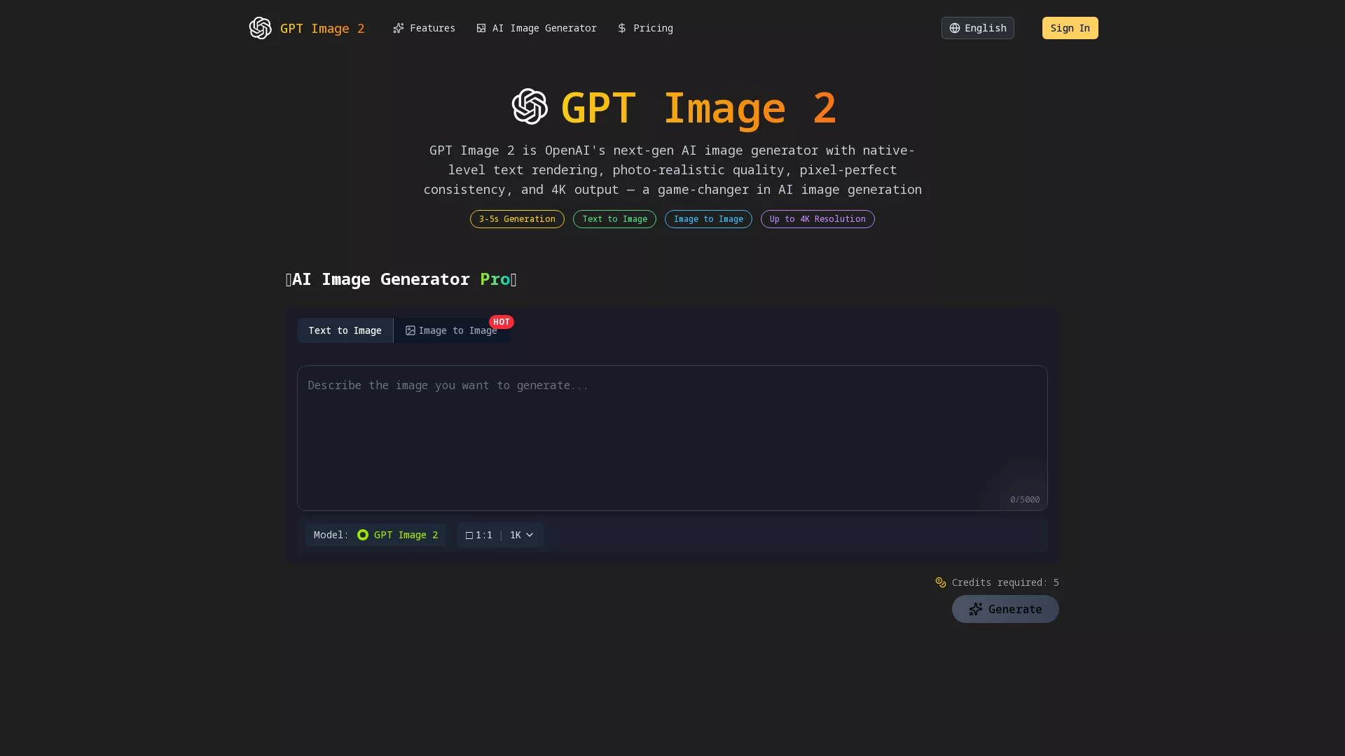 GPTImage2 - AI Image Generation Tool Website Screenshot