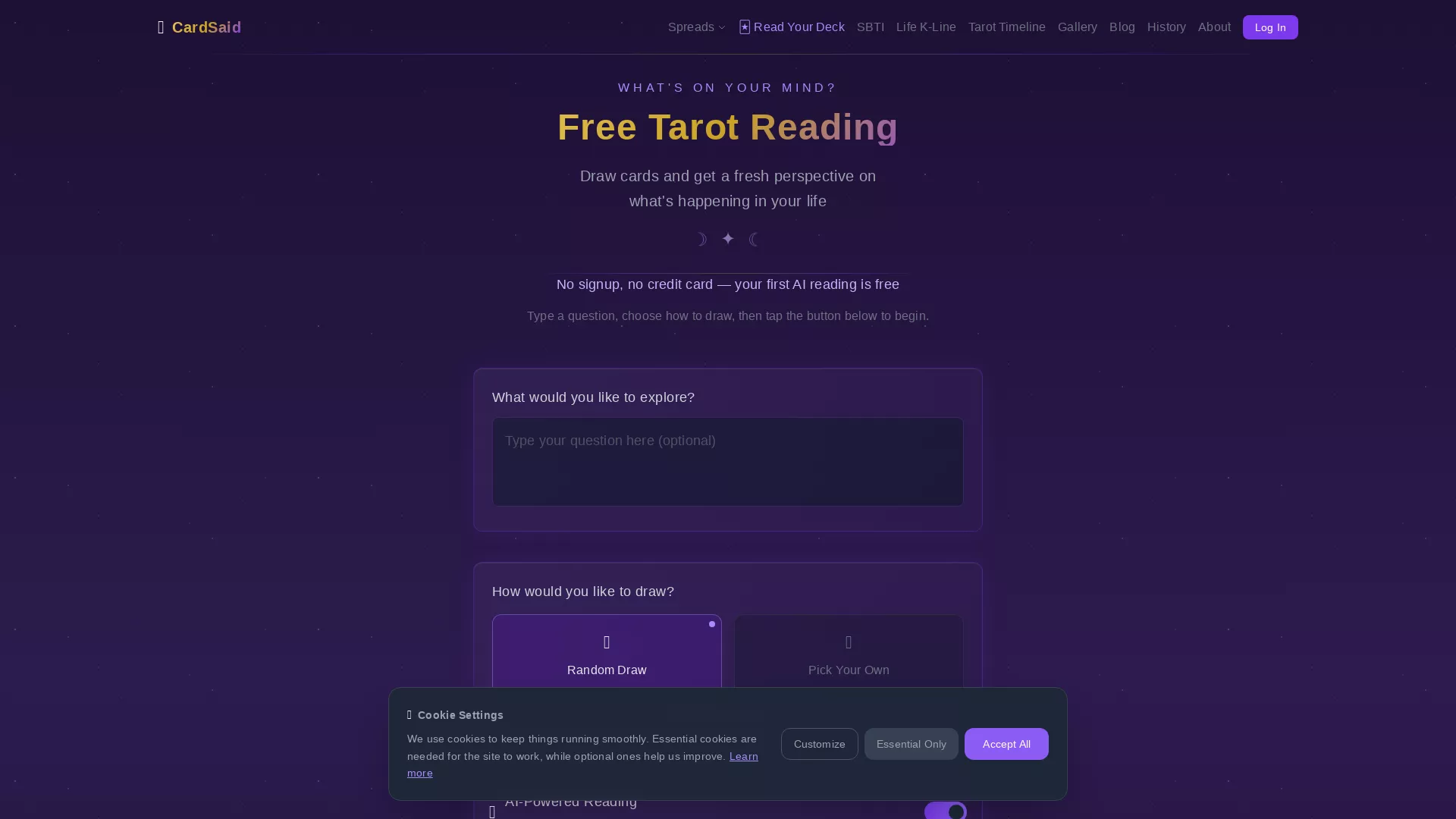 CardSaid - AI Tarot Reading Tool Website Screenshot