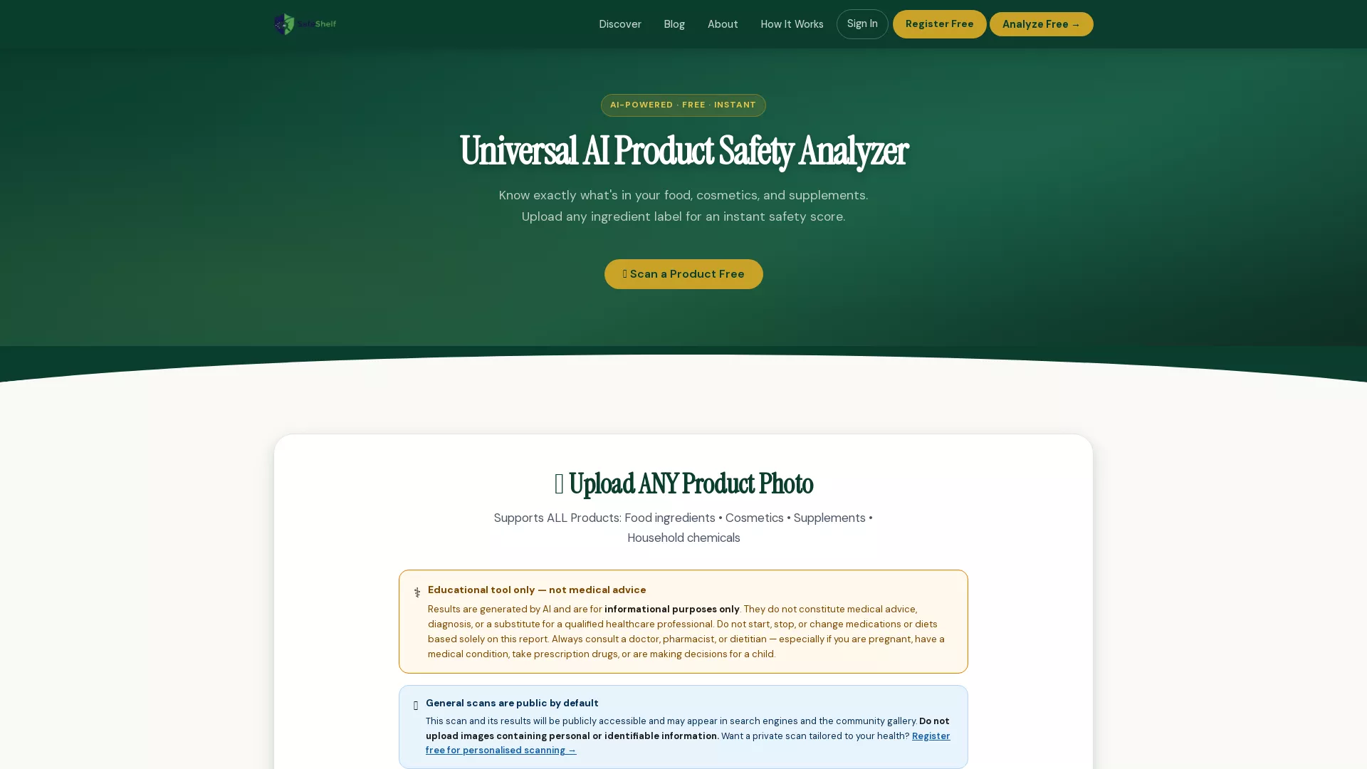 SafeShelf - AI Product Analysis Website Screenshot