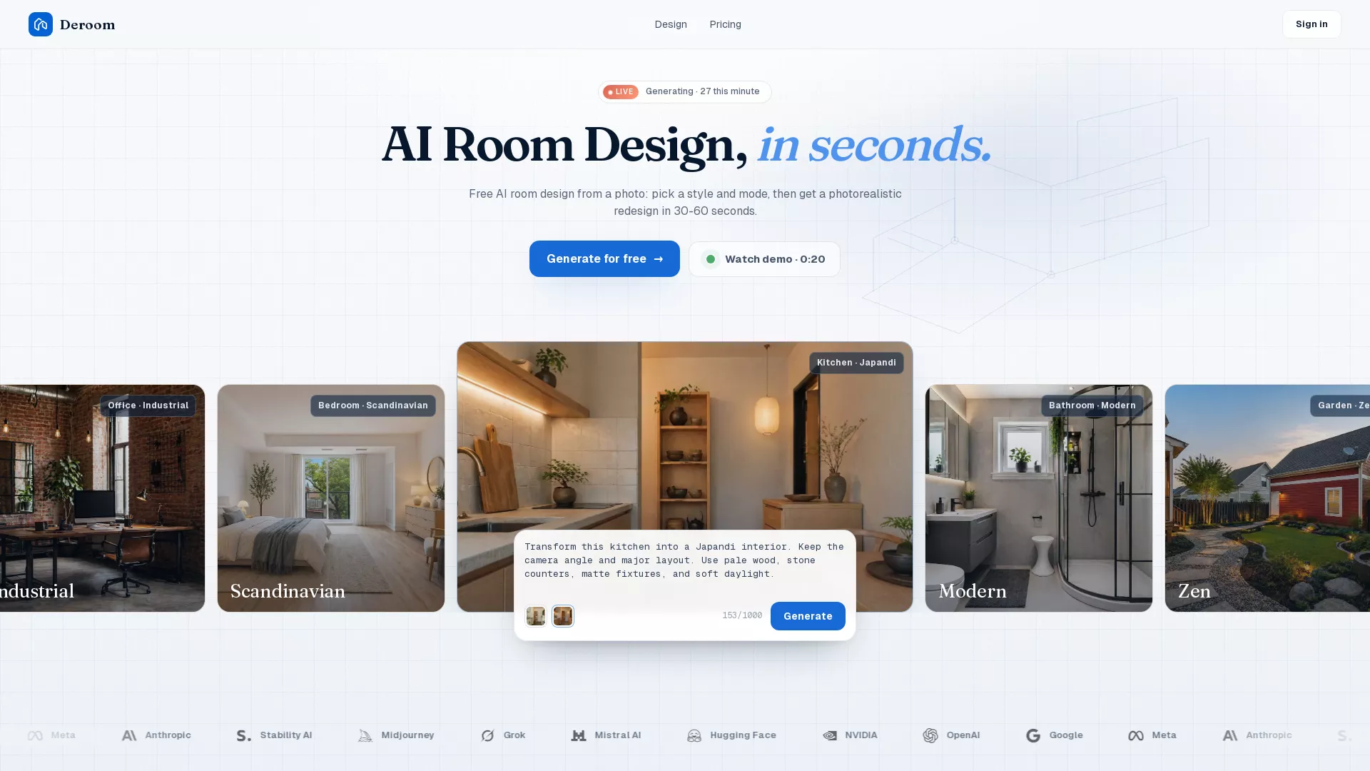 Deroom AI - AI Room Design Tool Website Screenshot