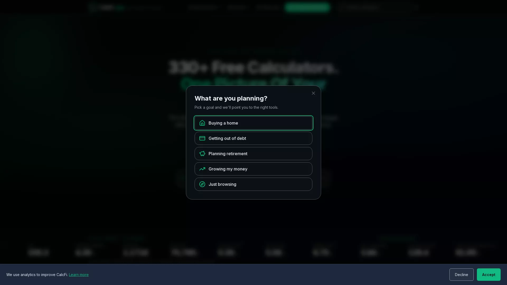 CalcFi - AI Financial Calculator Tool Website Screenshot