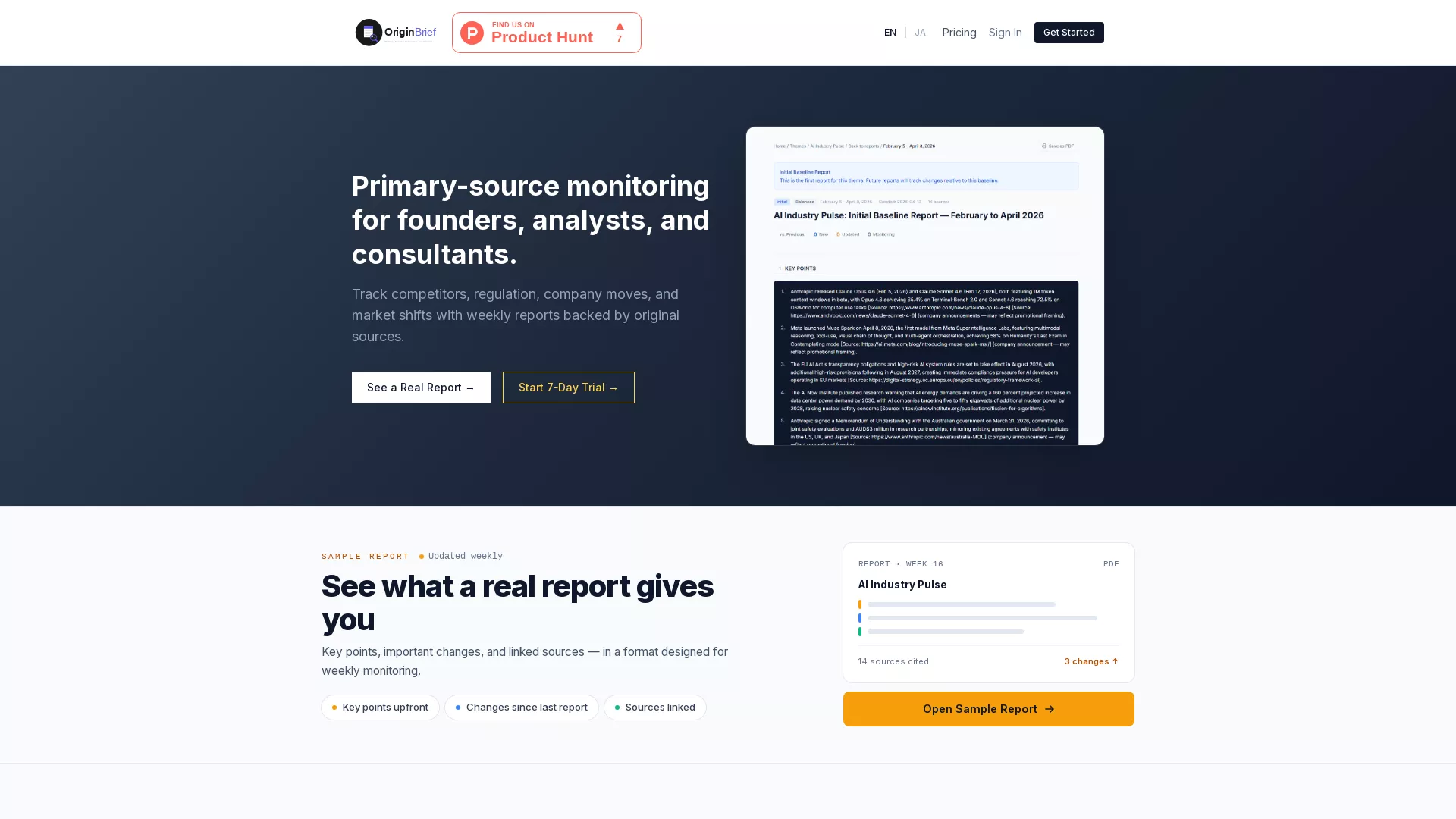 OriginBrief - AI Research Monitoring Tool Website Screenshot