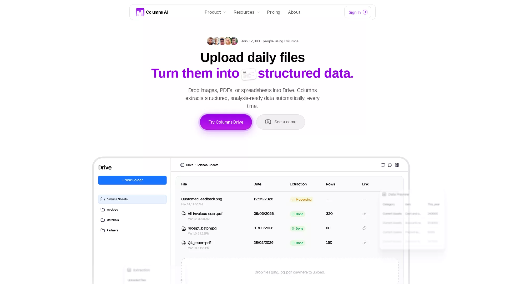 ColumnsDrive - Data Extraction AI Website Screenshot
