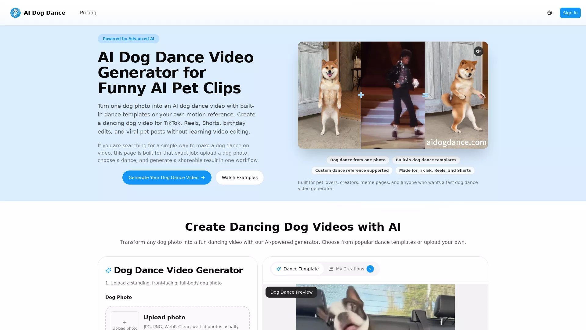 AIDogDance - AI Pet Video Generator Website Screenshot