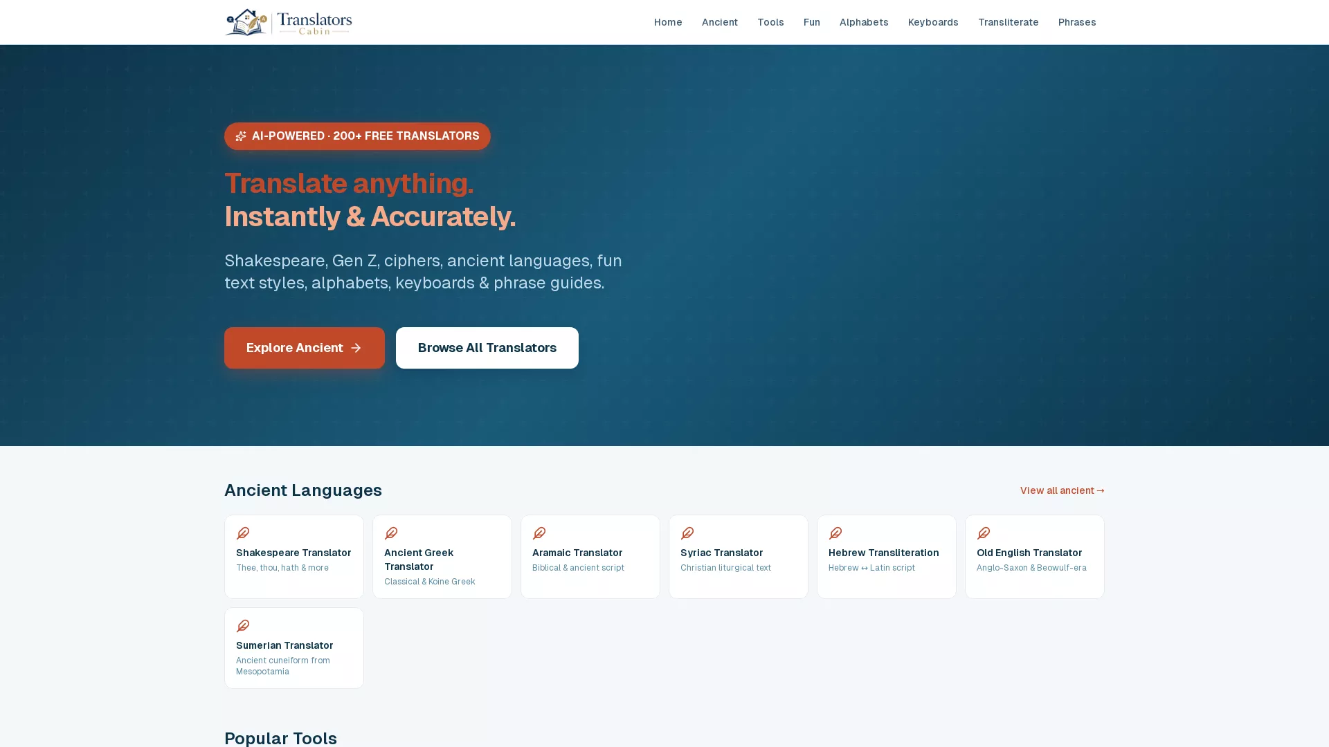 TranslatorCabin - Language Translation Tool Website Screenshot