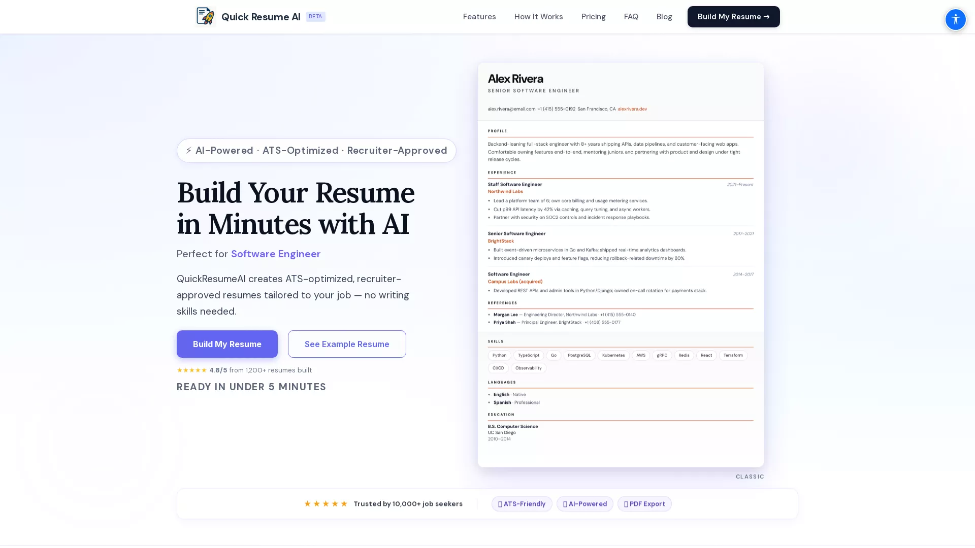 QuickResumeAi - AI Resume Builder Website Screenshot